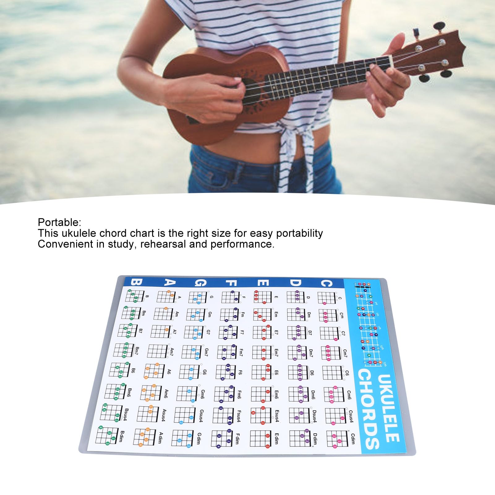 Tabella Accordi Ukulele Per Principianti - Foglio Laminato Portatile Con Diagrammi Chiarri - Foto 10