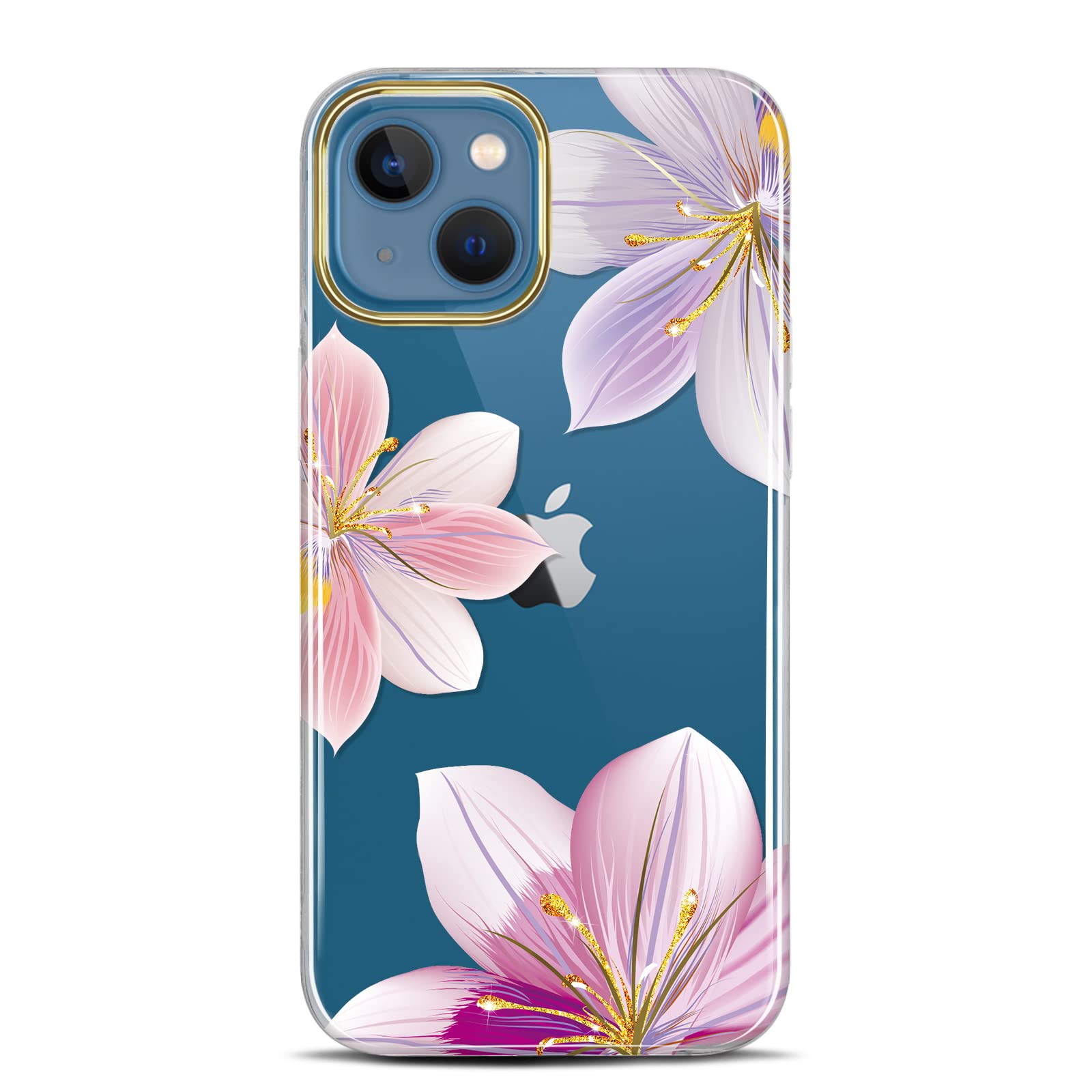 JAHOLANClear Case Compatible with iPhone 13 Mini Case with Flowers, for Girls Women, Shockproof Glitter Floral Pattern Hard Back Cover Phone Case 5.4 inch 2021 - Grandiflora Pink Purple