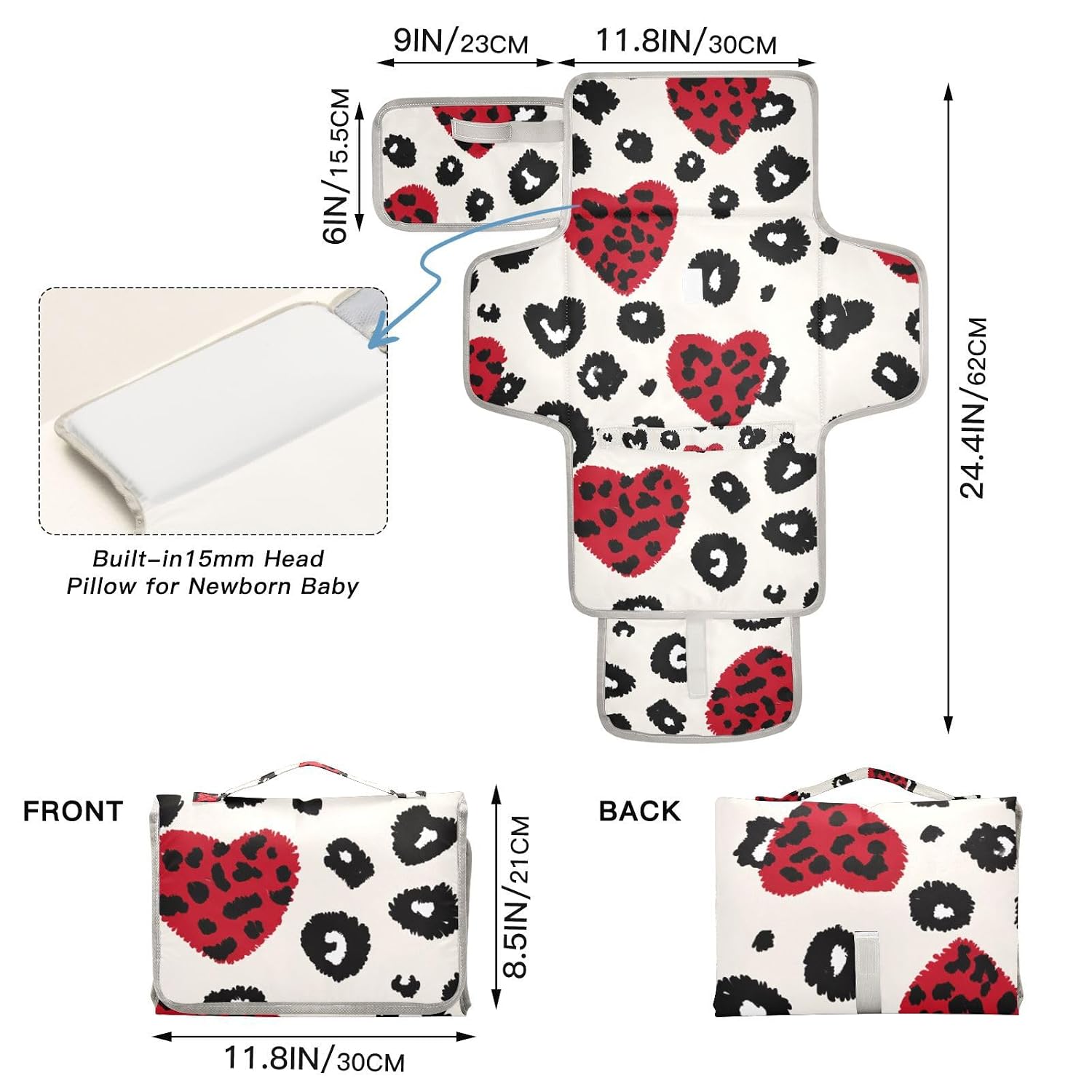 Fashion Red Heart Leopard Print Christmas Reusable Toddler Changing pad with Tissue Pocket Baby Portable Changing pad for Newborns Girl & Boy cambiadores de pa?ales para Bebes