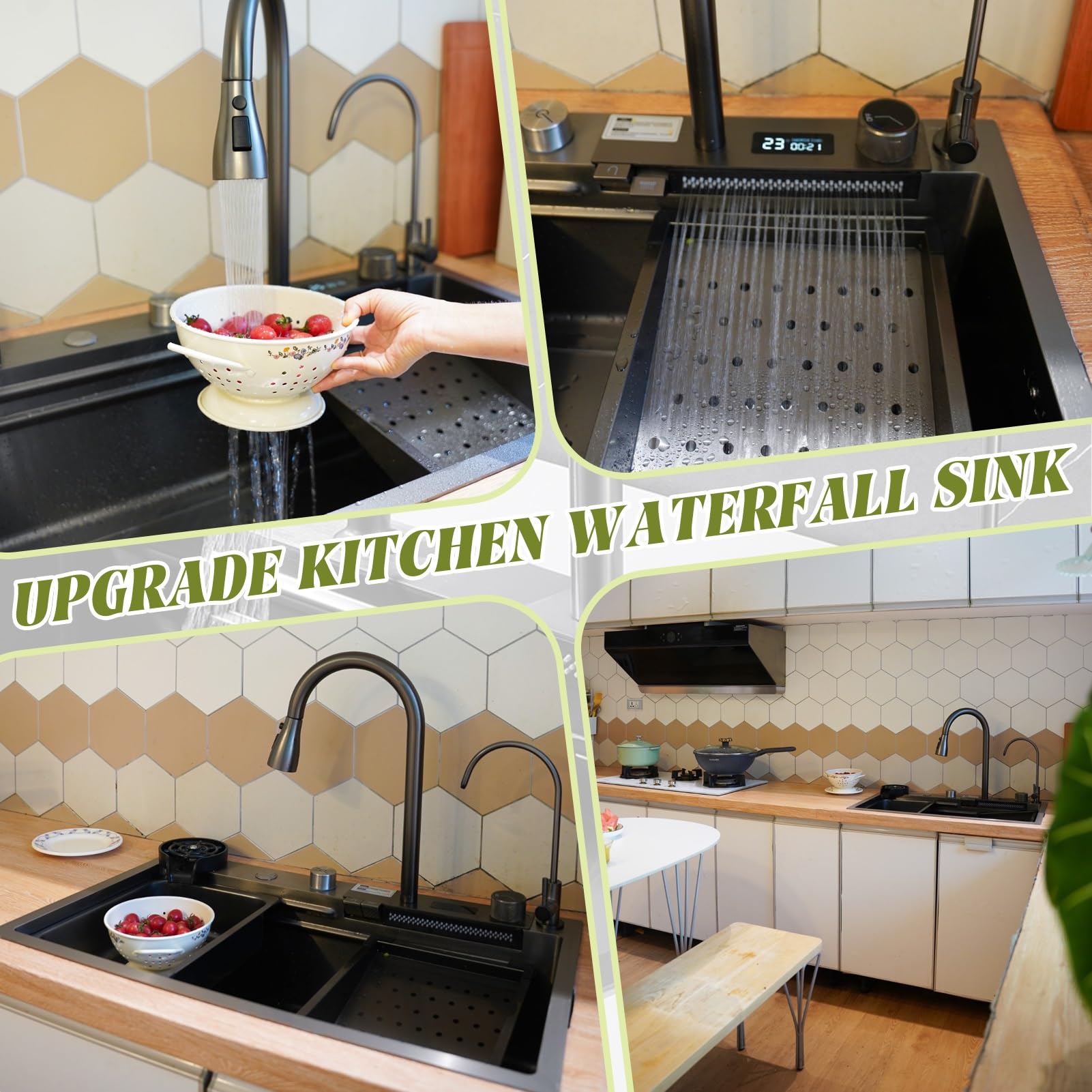 Lavello A Cascata, Lavello Da Cucina In Acciaio Inox Nero, Postazione Di Lavoro A Una Vasca Con Lavabicchieri, Cestello Di Scarico E Rubinetto Estraibile, Lavello Da Montare In Alto, Con Rivestimento