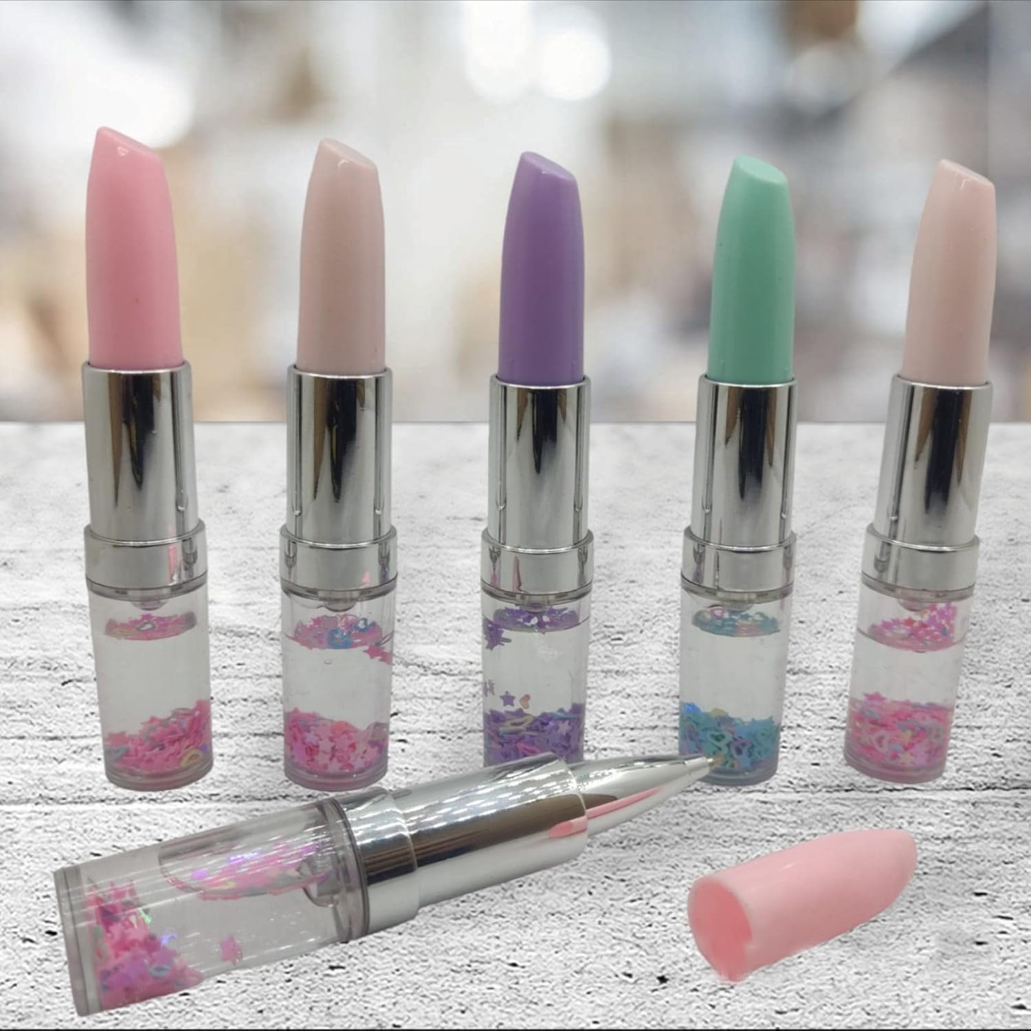 Decorative Lipstick Shaped Glitter Gel Pens, Blue Ink, Sparkle Writing Stationery Set for Children, Birthday Return Gifts, 8 Pieces