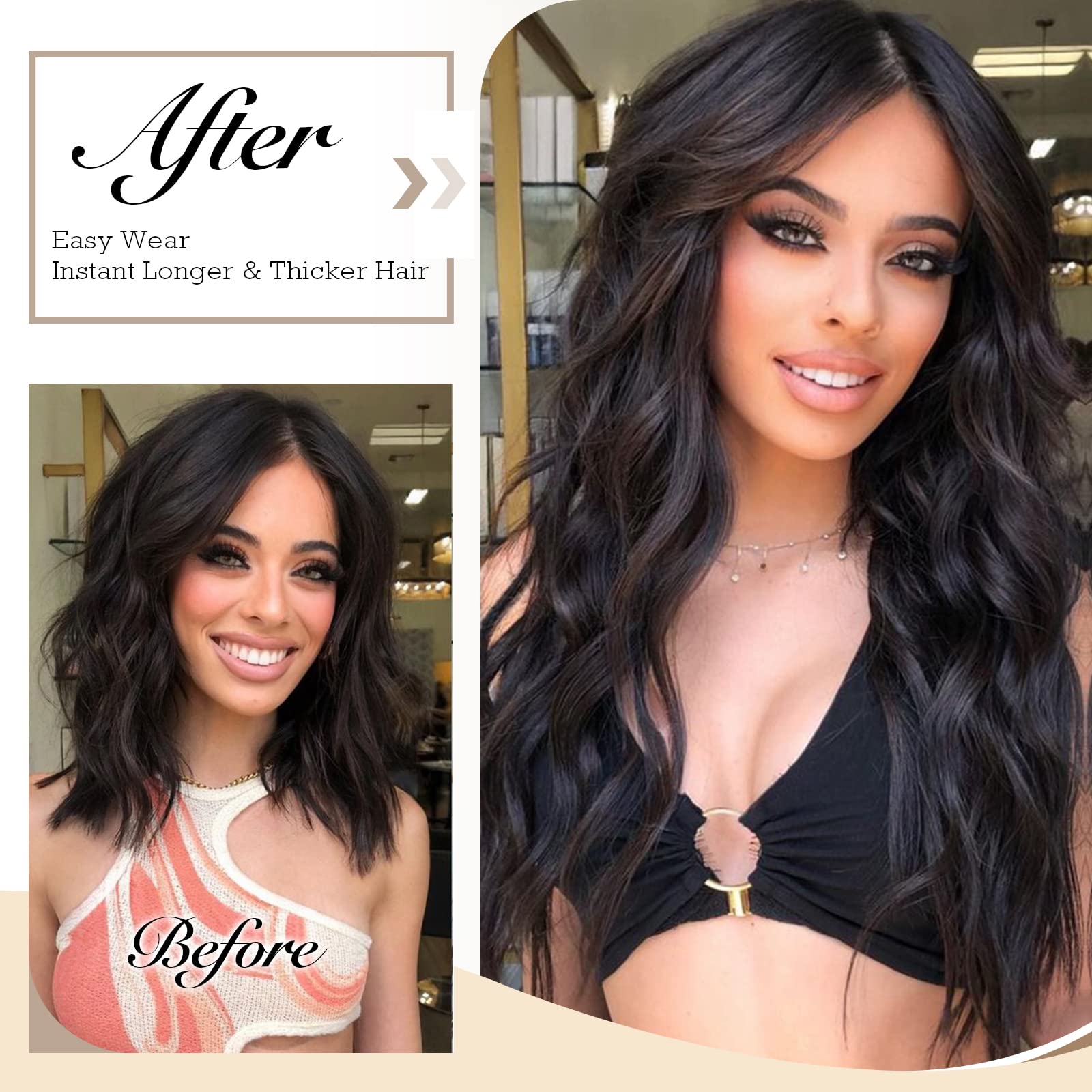 FESHFEN Extension Cheveux Fil Invisible Naturel - Longue Ondulés Fil Secrets Wire Hair Extensions Brun Foncé Synthétique Rajout Cheveux pour Femme, 50 cm