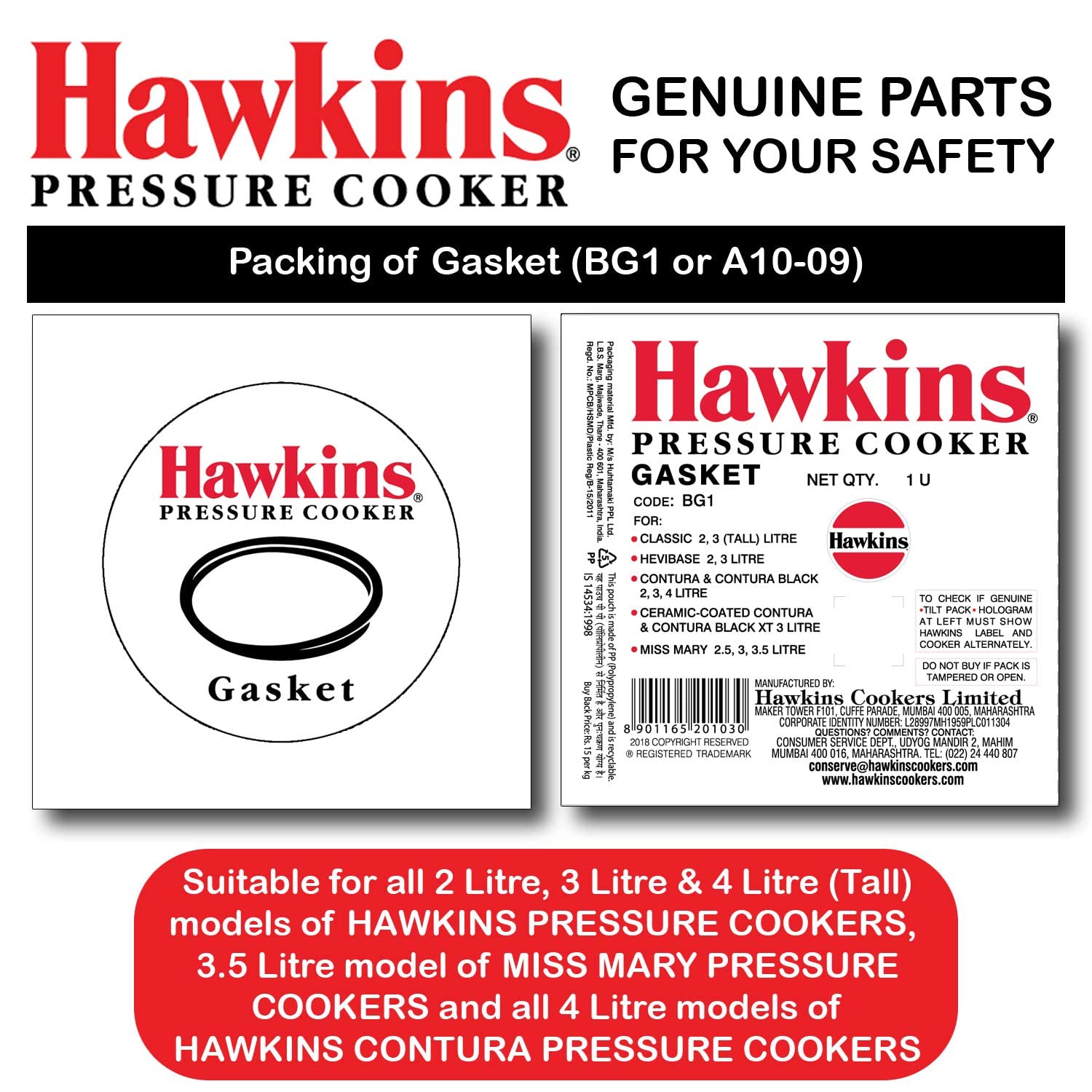 HAWKINS Rubber Gasket Sealing Ring for 2-4 L Pressure Cookers (Black) - Set of 2 1