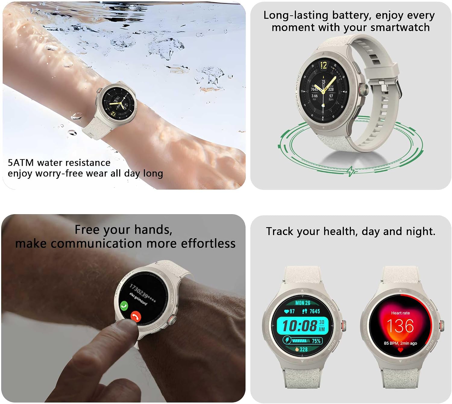 Military Smart Watch with Heart Rate Monitor/Compass/Flashlight/GPS, 1.43" Smartwatch with 170+ Sport Modes,5ATM Waterproof Fitness Watch for Men & Women, Compatible iOS Android (Silver)