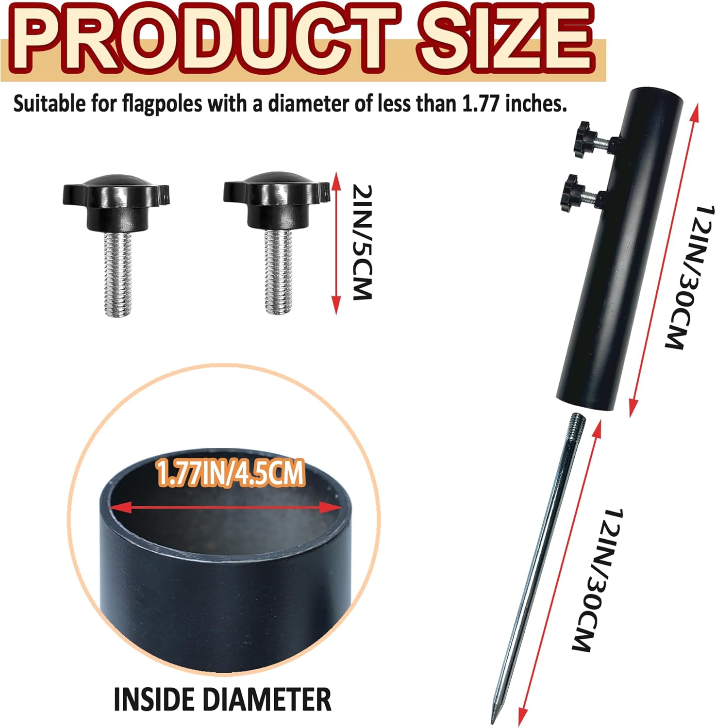 Flag Pole for Outside House, 12" Extended Tip Metal Graden Flag Pole Holder, Ground Mount Stake for 1.77" Dia Pole, Adjustable Inground Flagpoles Mount, Black - Image 2