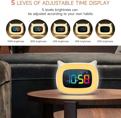 Miniatura 10 de Reloj despertador para niños con luz nocturna y 18 tonos de llamada, recargable, lindo reloj con orejas de gato para regalos de cumpleaños de niños