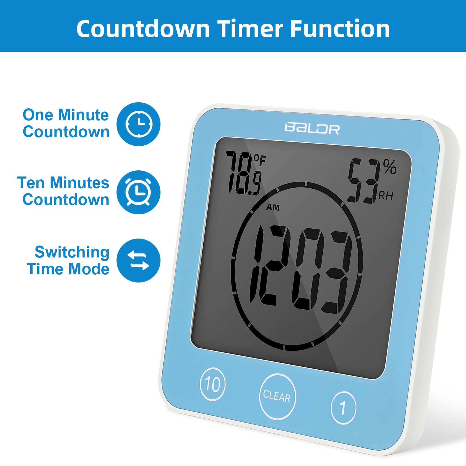DEECOZY Tendlife - Orologio termoigrometro, orologio da bagno, sveglia digitale LCD, timer per doccia, orologio da bagno portatile con controllo tattile per cucina e bagno