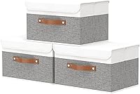 Vista 24 de OUTBROS Cajas de almacenamiento, contenedores de almacenamiento plegables con tapas, cestas de almacenamiento de tela de algodón y lino con asa