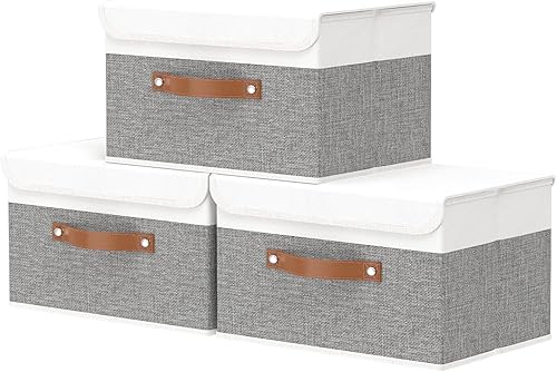 OUTBROS Cajas de almacenamiento plegables con tapas, organizador grande de tela de lino, organizadores de armario para almacenamiento de ropa,