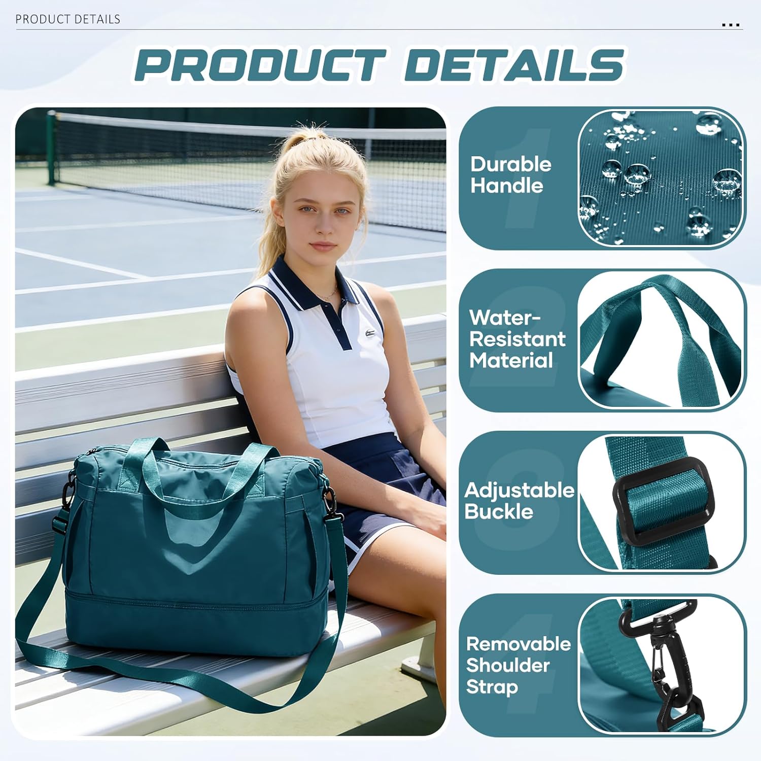 Travel Duffel Bag with Shoe Compartment, Large Weekender Bags for Women Men with Trolley Sleeve for Airplane, Waterproof Carry on Bag Sport Tote Bags Hospital Holdalls, Peacock Blue