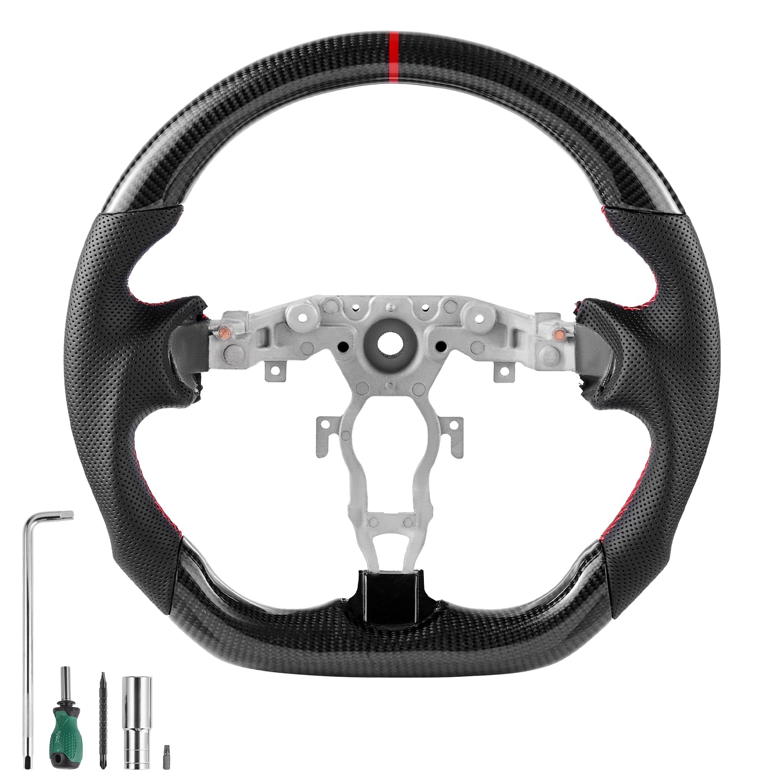 VEVOR Volant Compatible avec Nissan 370Z (2008-2020), Volant de Direction en Fibre de Carbone, Forme en D, Méplat, Poignée en Cuir avec Texture Antidérapante et Coutures Précises, Remplacement, Noir