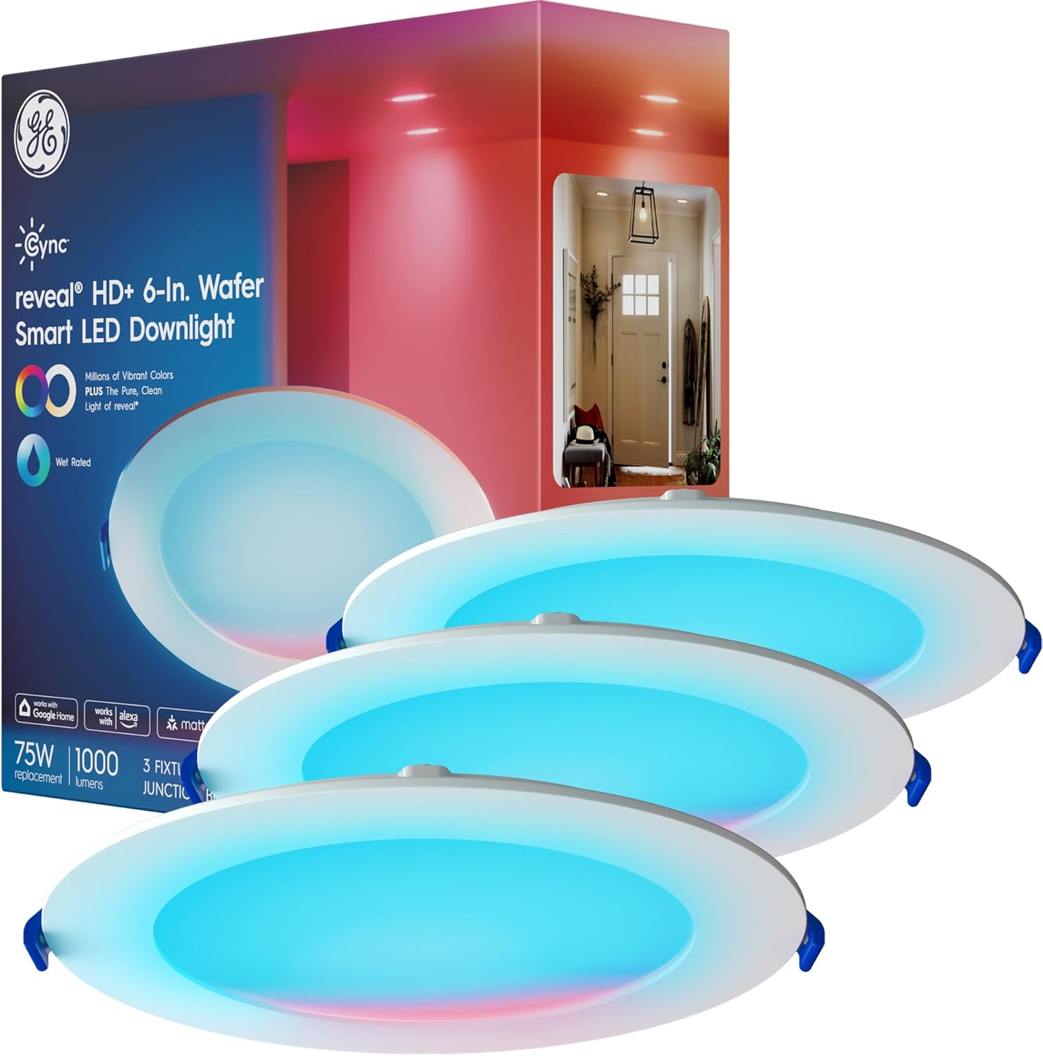 Cync GE Reveal Wafer Smart LED Downlight, Color Changing Lights, Matter Compatible, Compatible with Alexa and Google Home, No Recessed Housing Required, 6 Inches, 75W, 1000 Lumens, (3 Pack) Cync GE Reveal Wafer Smart LED Downlight, Color Changing Lights, Matter Compatible, Compatible with Alexa and Google Home, No Recessed Housing Required, 6 Inches, 75W, 1000 Lumens, (3 Pack)