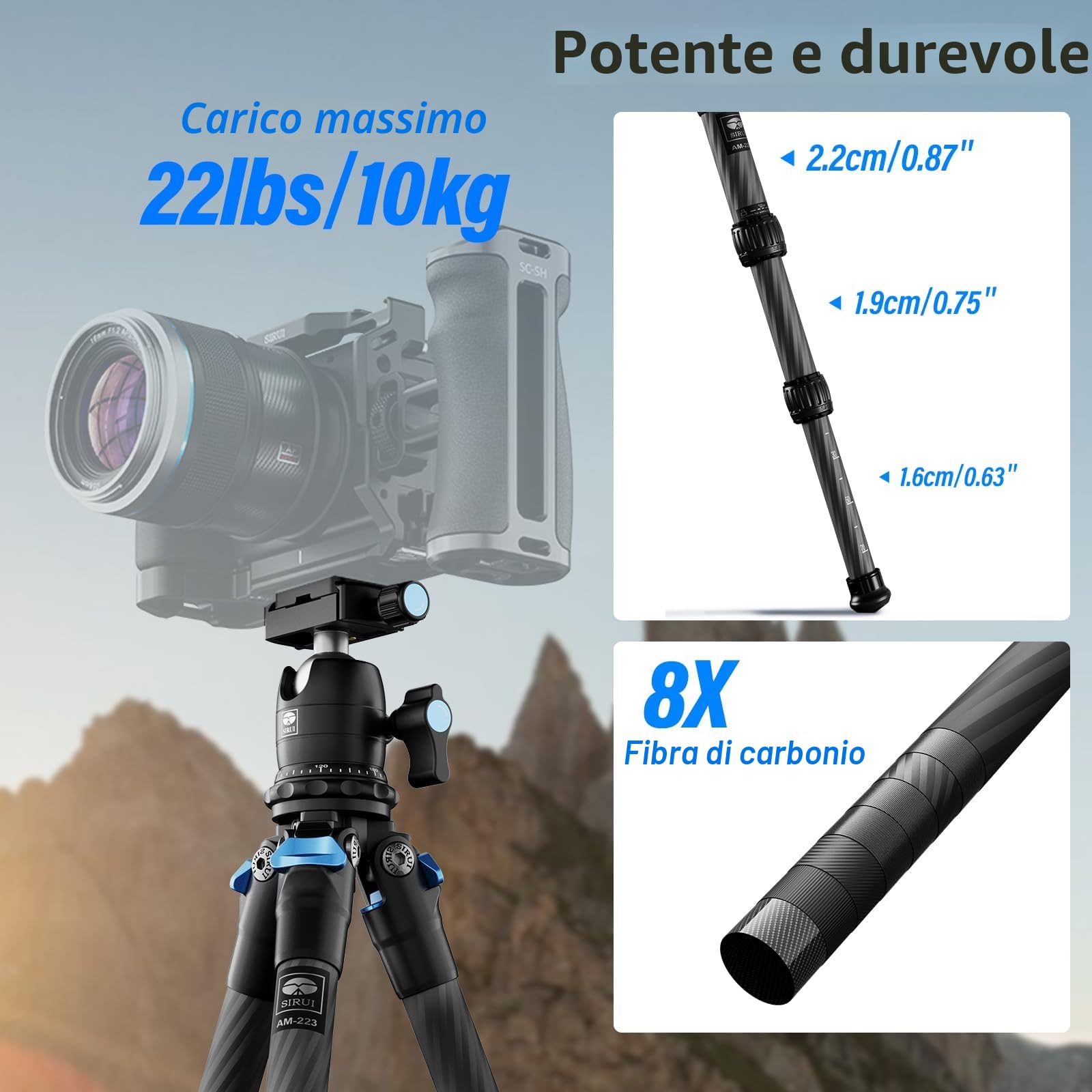 SIRUI Mini Treppiede Fotocamera AM-223, Portatile Compatto Treppiede Carbonio con Testa a Sfera B-00K a 360 Gradi, 13-43CM Treppiede da Viaggio con Piastra a Sgancio Rapido, Carico Massimo 15kg