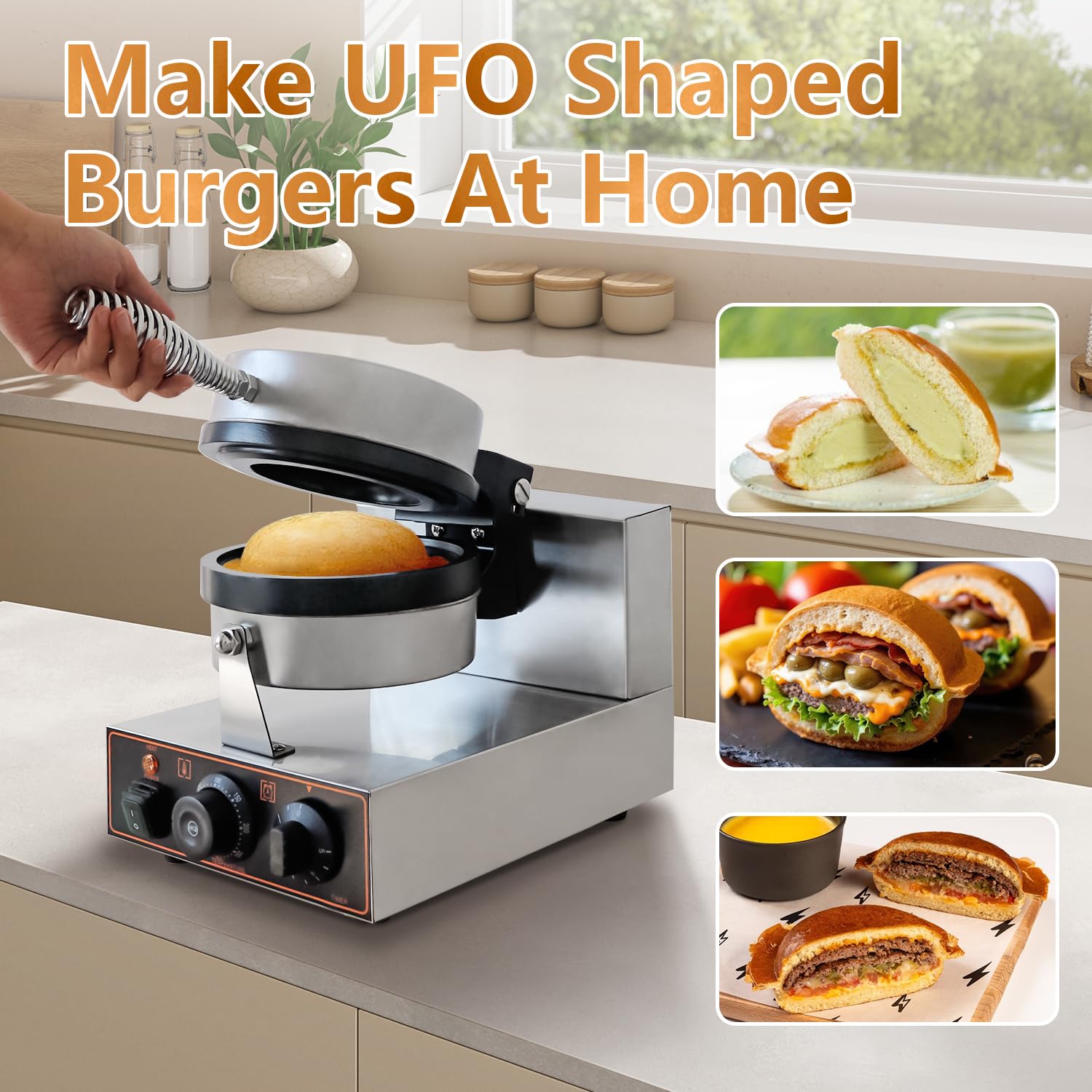 Elektrische UFO-Burger-Presse, kommerzielle Eisburger-Maschine für den Haushalt, 50-300 ℃ Antihaft-Pfanne, beidseitige Heizung