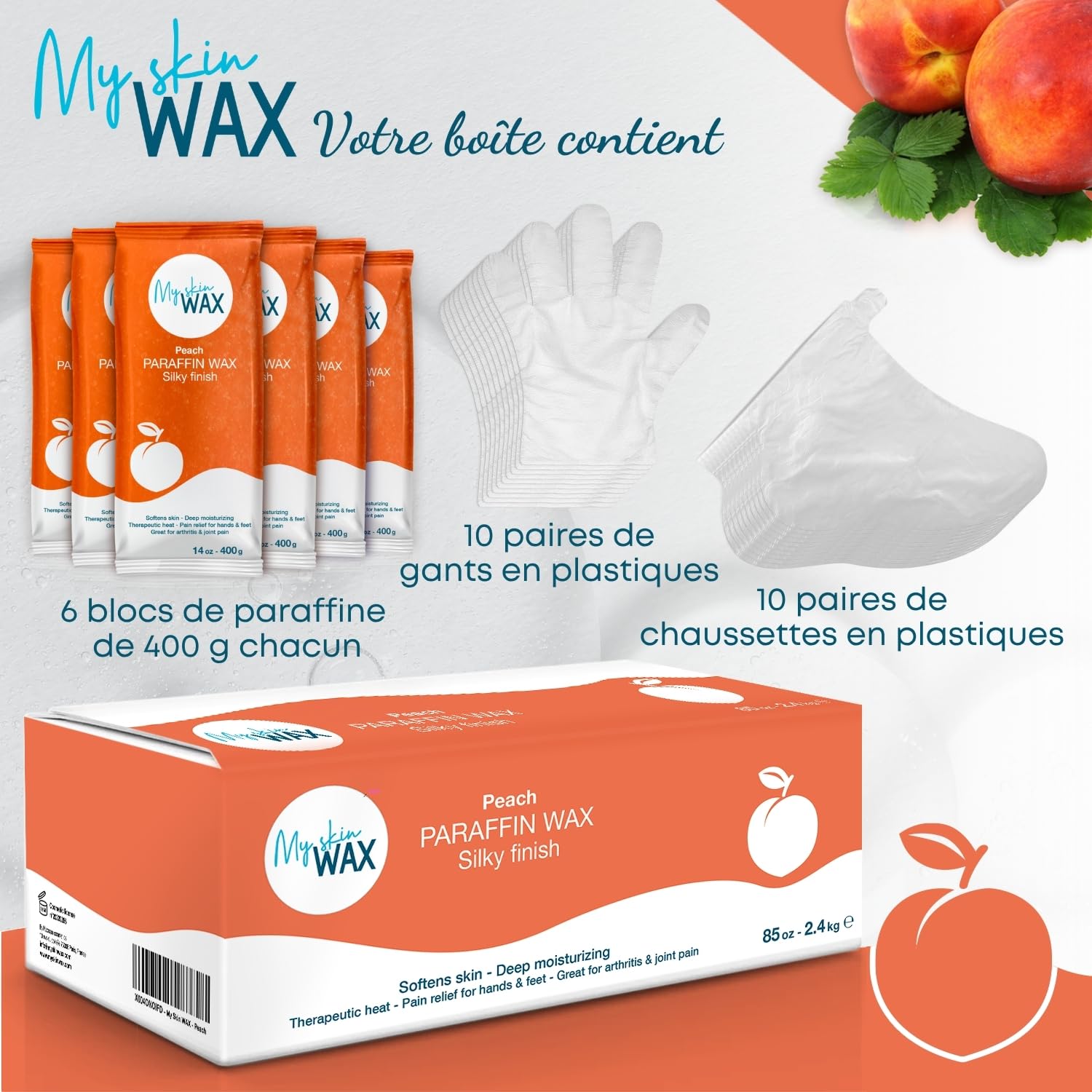 Cire de paraffine Maxi Pack, 6 blocs de 400 g (2,4 kg), parfum pèche, hydratante sans effet gras, idéale pour bains mains et pieds, soulagement arthrite, pédicure