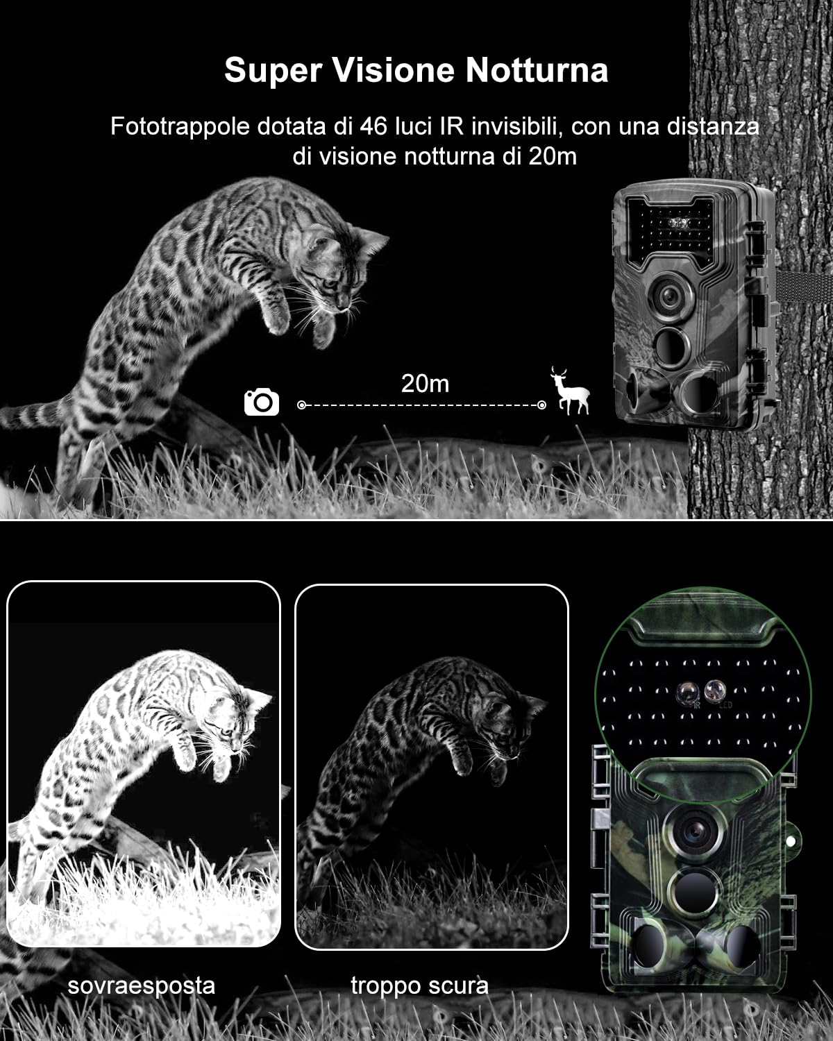Fototrappola 2,7K 58MP Fotocamera Caccia Grandangolare 120° Infrarossi Invisibili con Scheda 32GB Visione Notturna 0,1s