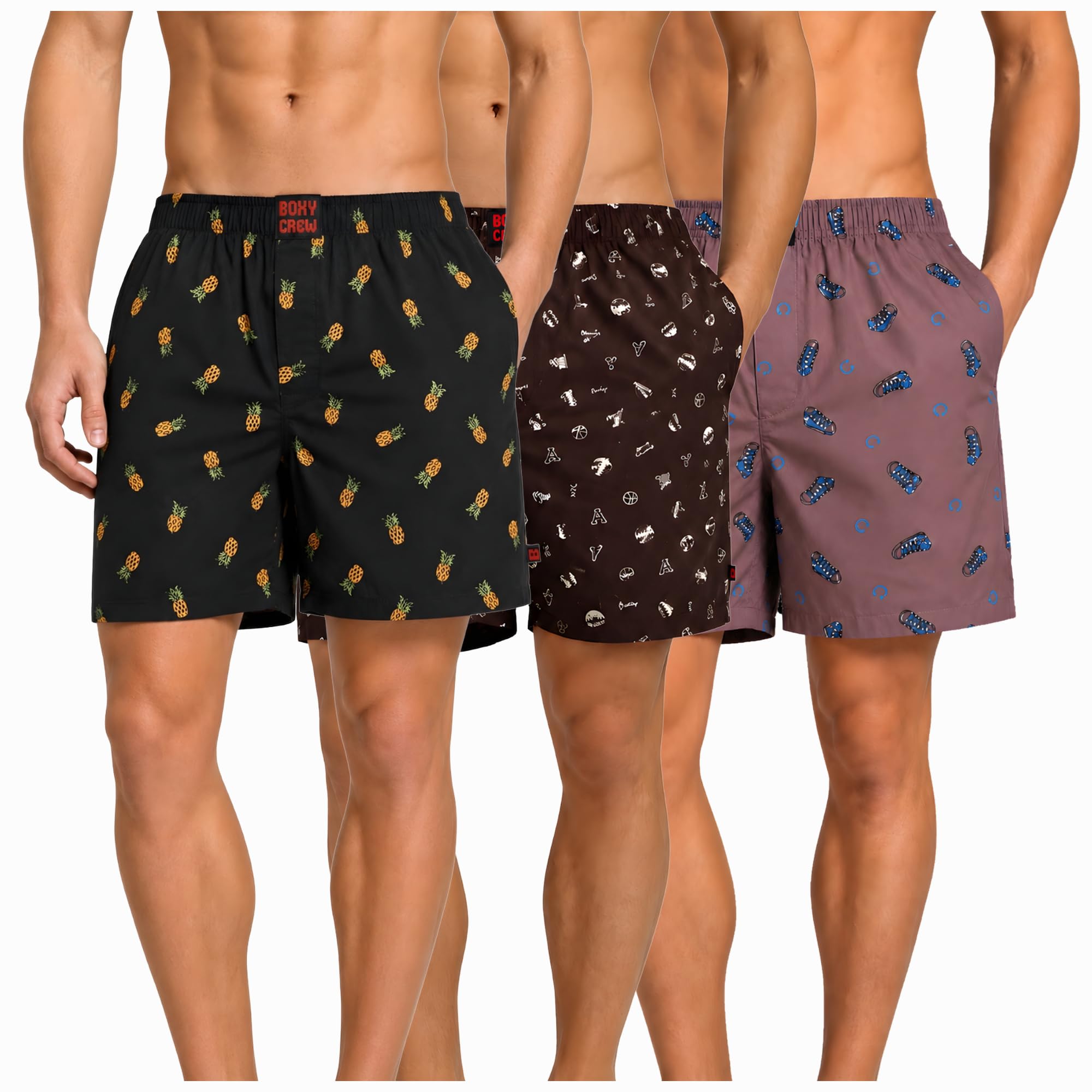 Men's 100% Cotton Boxer Shorts Pack of 3, Charcoal, Brown & Mauve | Woven Boxers with Side Pockets, No-Marks Elastic Waistband, Breathable Relaxed Fit | Style 004-005-015-image-34