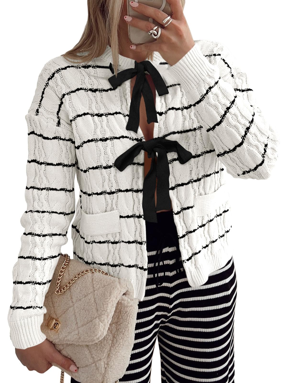 Saodimallsu Womens Striped Tie Front Cardigan Sweaters Crew Neck Long Sleeve Cable Knit Bow Knot Trendy Sweater Tops