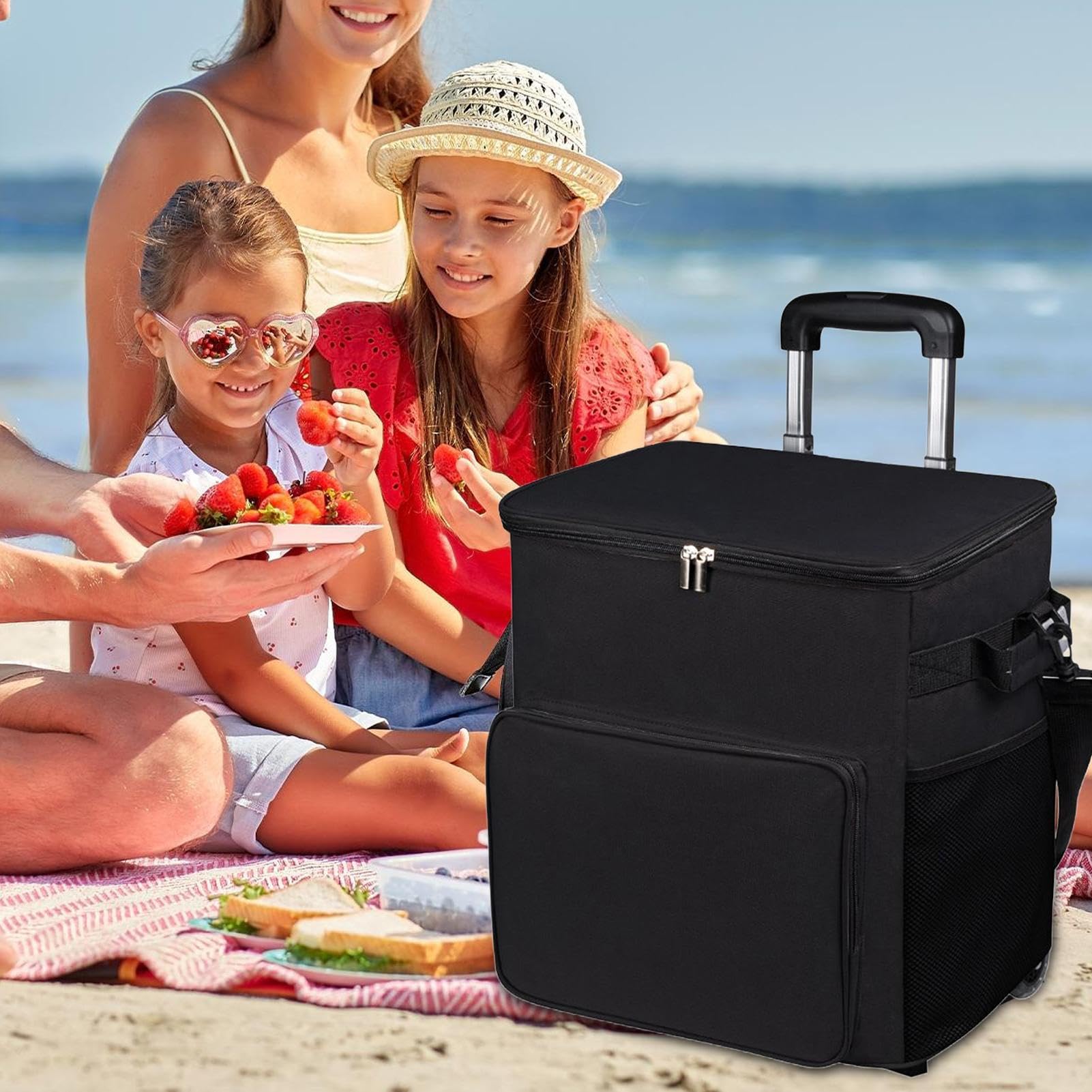 con ruote, borsa termica, carrello da viaggio impermeabile con manico, borsa isolata da 35 l, per giardino, spiaggia, shopping, campeggio all'aperto