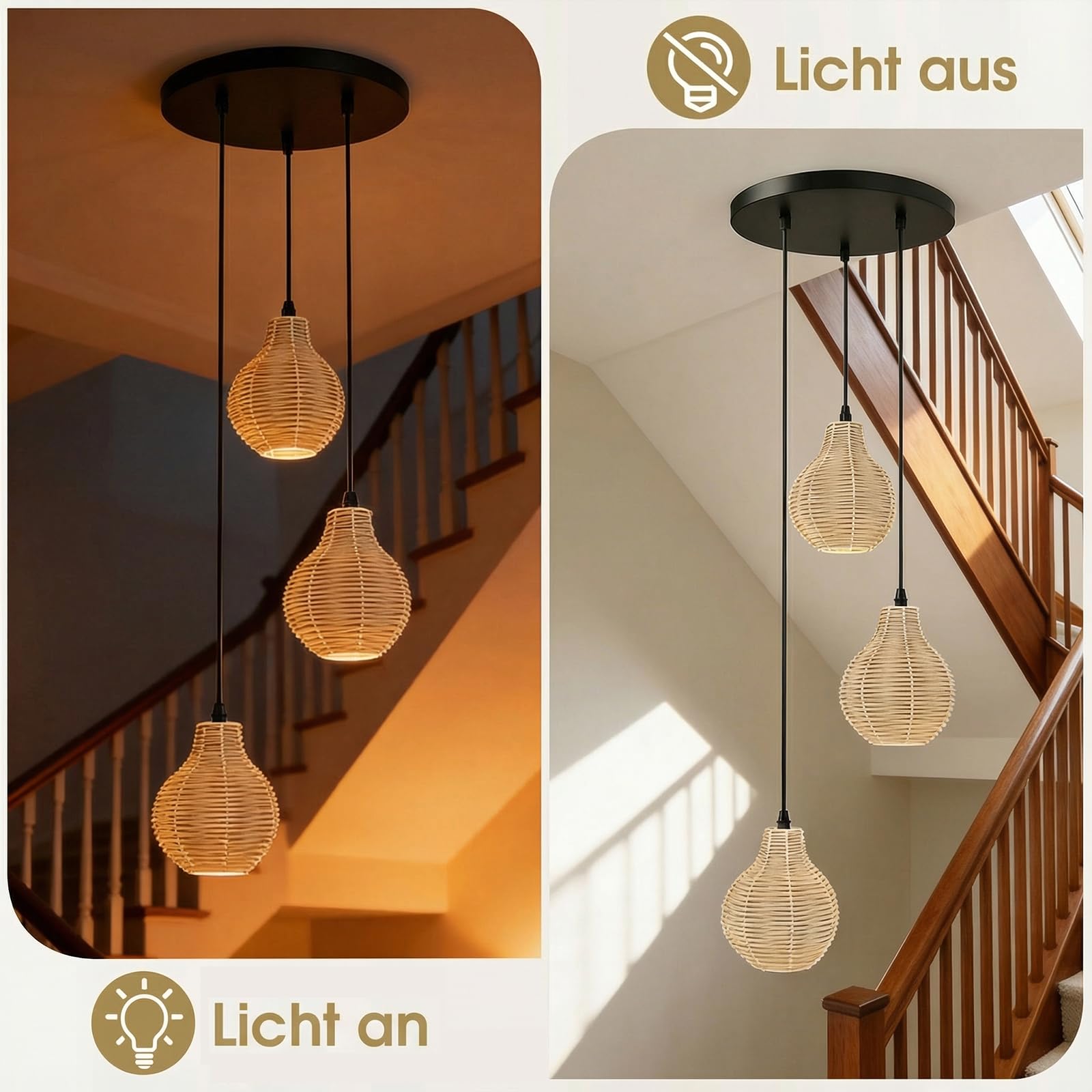 COSTWAY 3-Flammig Hängeleuchte, Boho Rattan Pendelleuchte über Esstisch, handgewebter natürlicher Korb-Kronleuchter mit verstellbarer Höhe für Kücheninsel, Esszimmer, Wohnzimmer