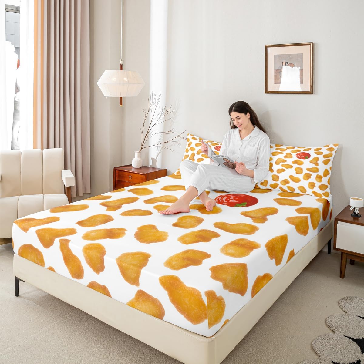 Erosebridal Chicken Nuggets Fried Bedding Set Gift for Kids Boys Girls Teens Adult Food Bed Sheet Queen Size Funny Food Fitted Sheet Men Women Bedding Set Bedroom Decor, Yellow image 4