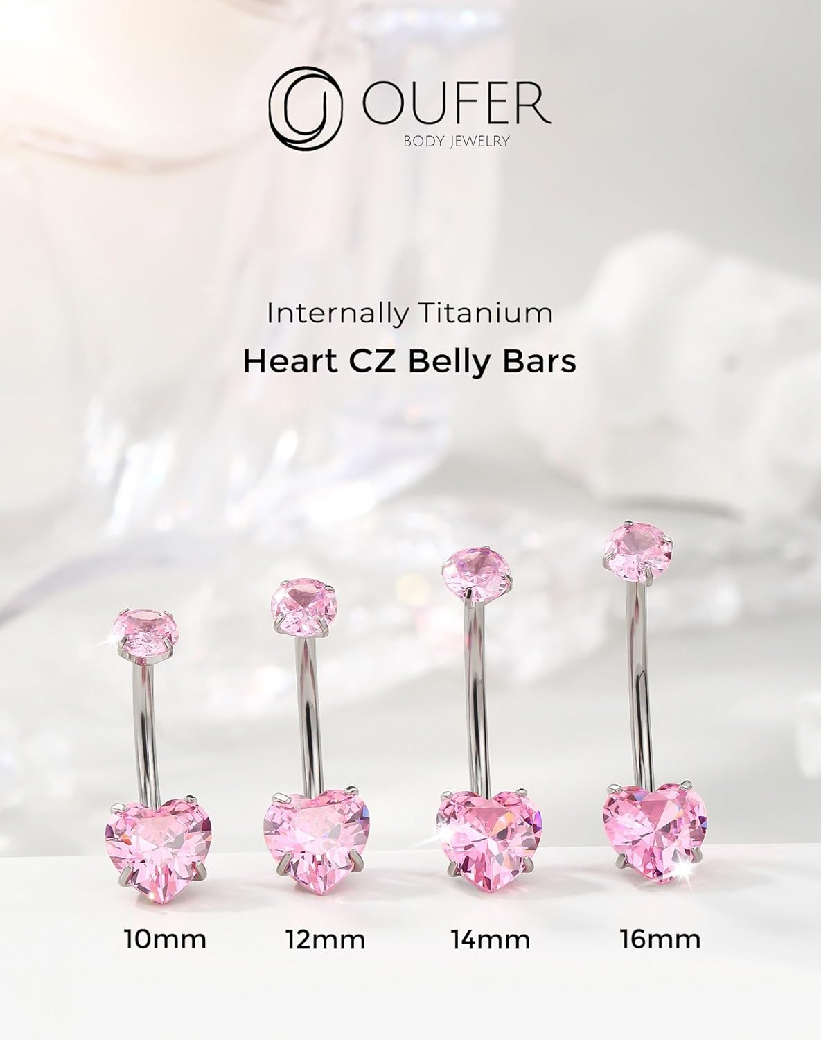 OUFER Titanium Belly Button Rings, Long Belly Piercing Jewelry, Cute Pink Navel Piercing jewelry, 14G Internal Thread Belly Rings For Women-10MM/12MM/14MM/16MM - Image 2