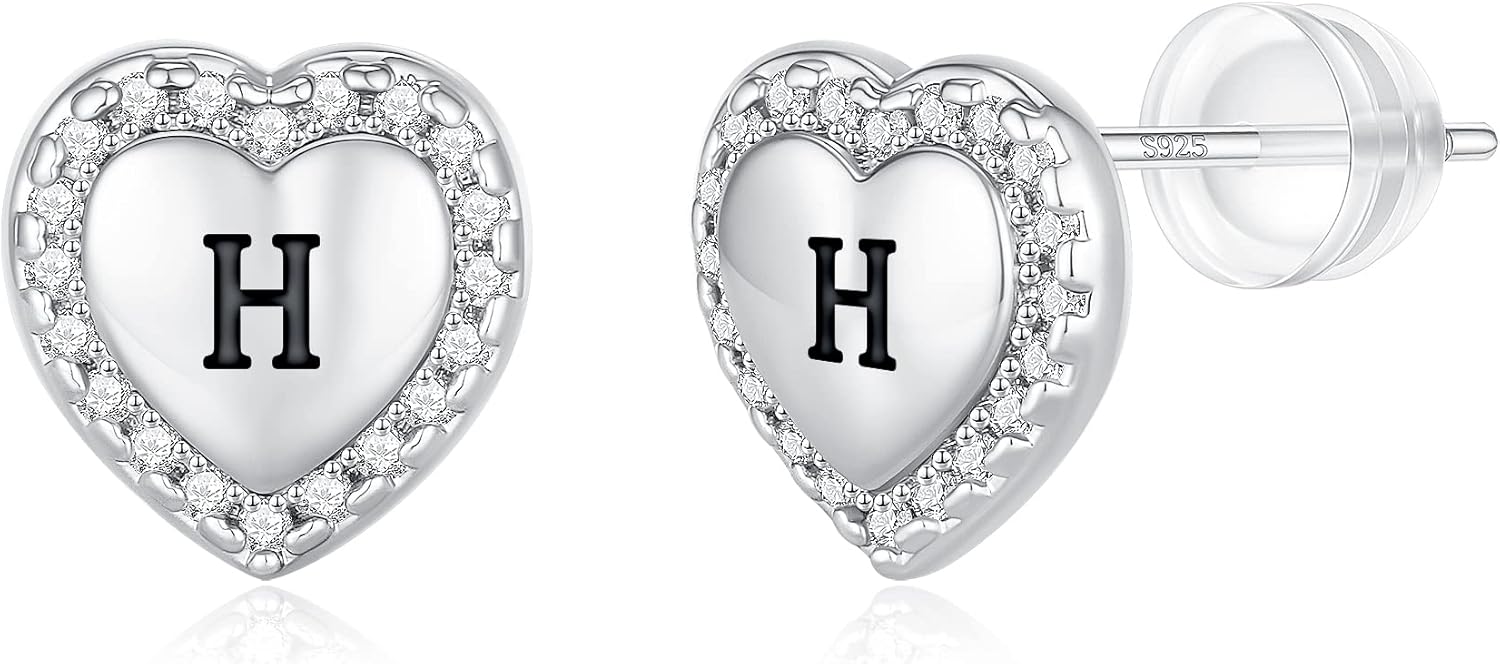 Heart Earrings for Girls Kids, 925 Sterling Silver Post Hypoallergenic Girls Earrings CZ Letter Earrings for Teen Girls Initial Earrings for Little Girls Kids Toddler Christmas Gifts