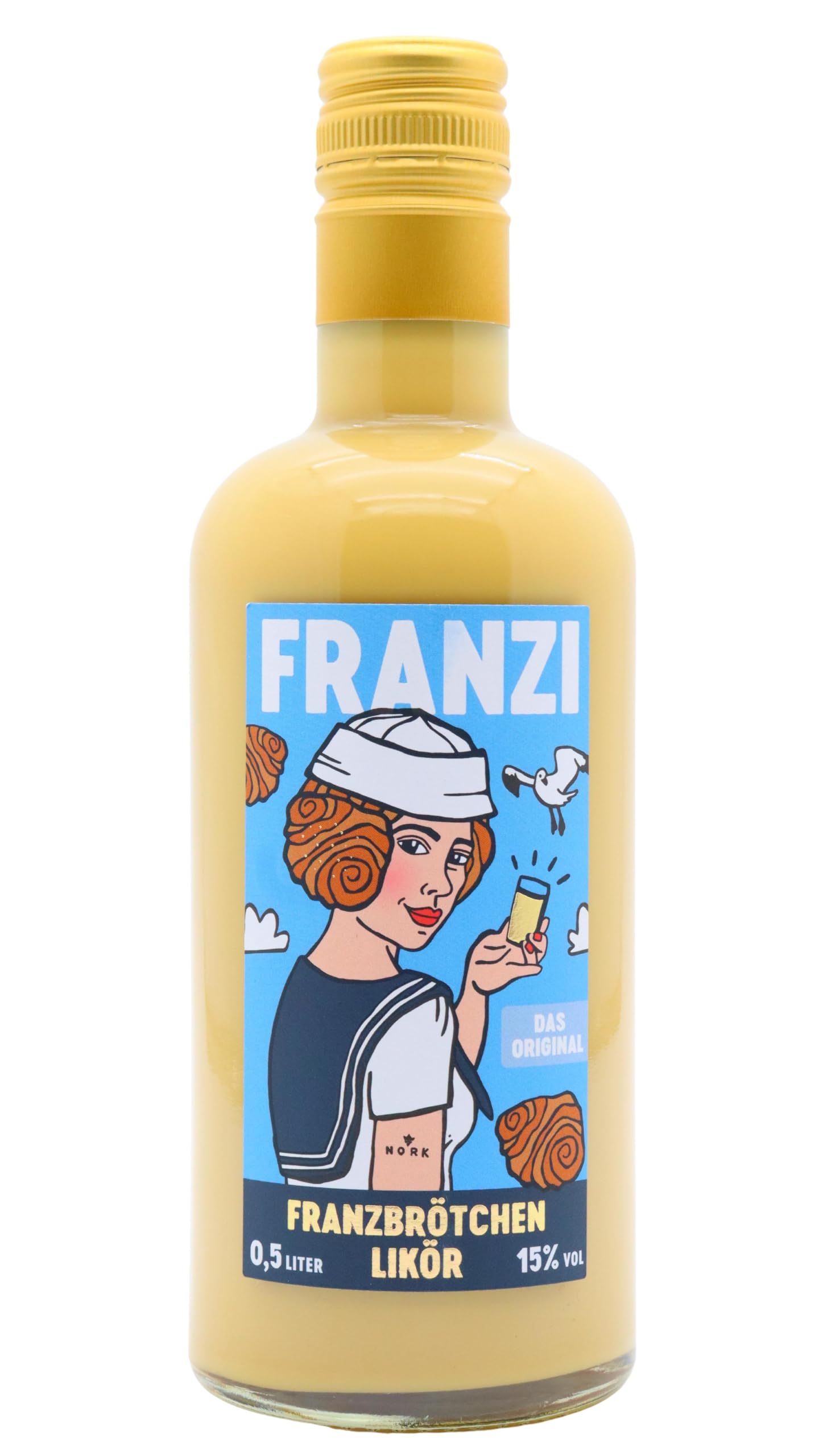 Franzi/Franzbrötchen Likör / 500 ml / 15% Vol. / Samtig weicher Sahnelikör/Geschmack von Zimt & karamellisiertem Zucker/Franzbrötchengenuss ganz ohne Krümel