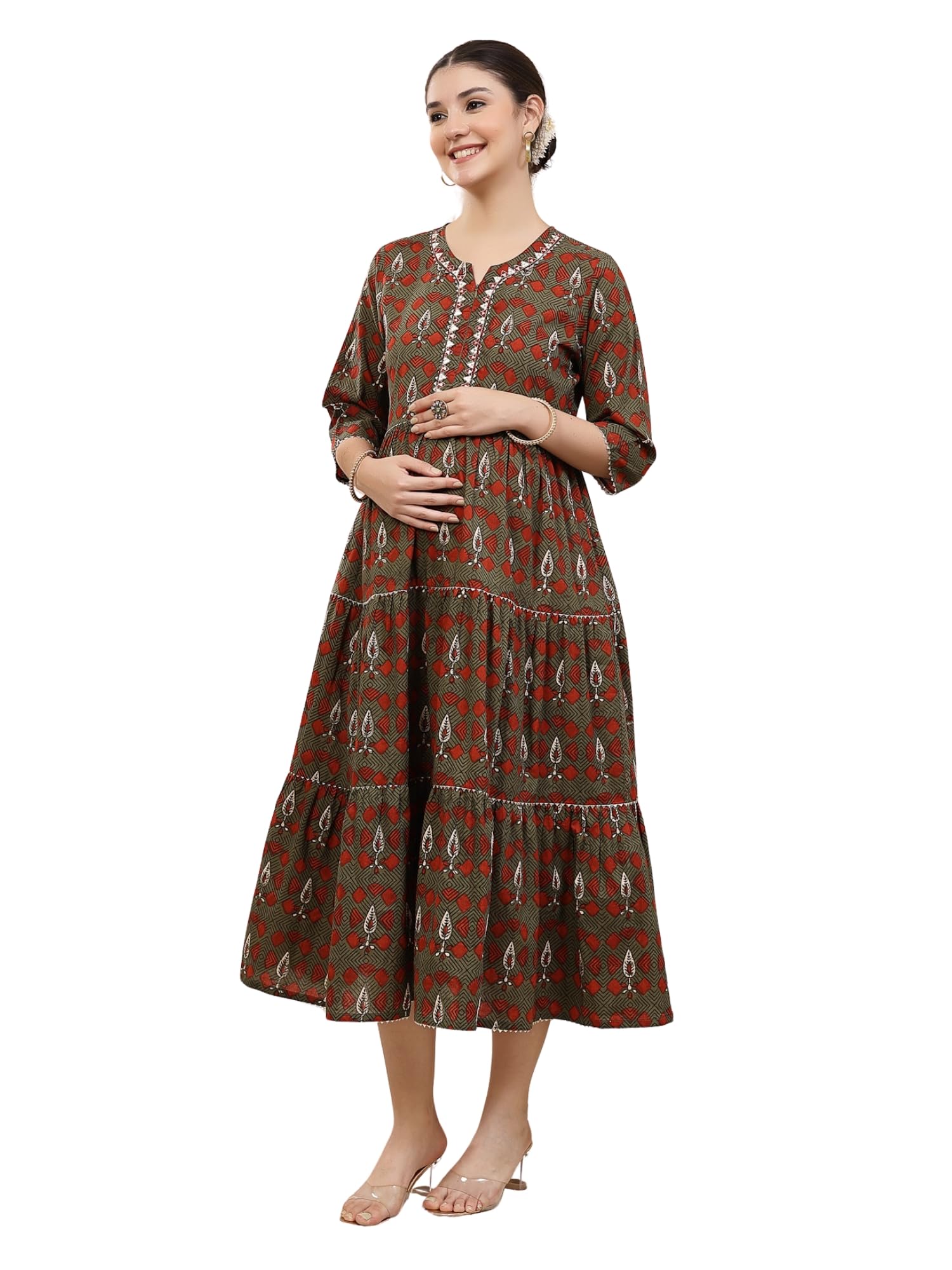 Ethnic Cotton Tiered Maternity & Nursing Kurti | 100% Cotton Kurta with Concealed Zip Feeding Access & Pocket | Pregnancy & Postpartum Friendly-image-37