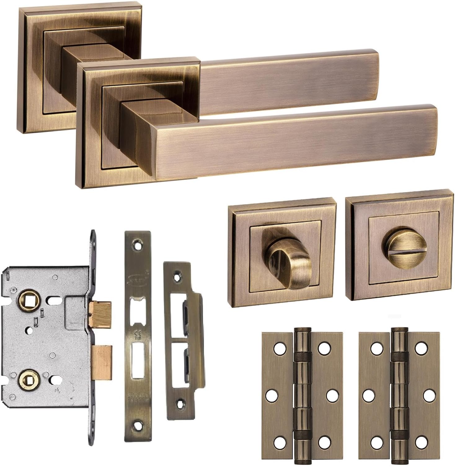 Golden Grace Delta Design Square Rose Bathroom Door Handle Set Thumbturn and Mortise Lock BB Hinges Antique Brass