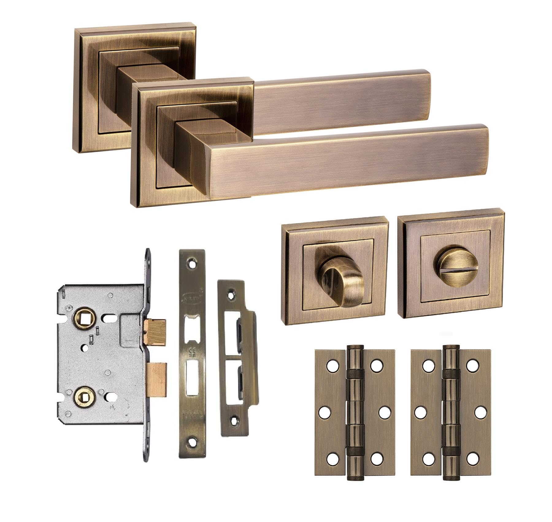 Golden Grace Delta Design Square Rose Bathroom Door Handle Set Thumbturn and Mortise Lock BB Hinges Antique Brass