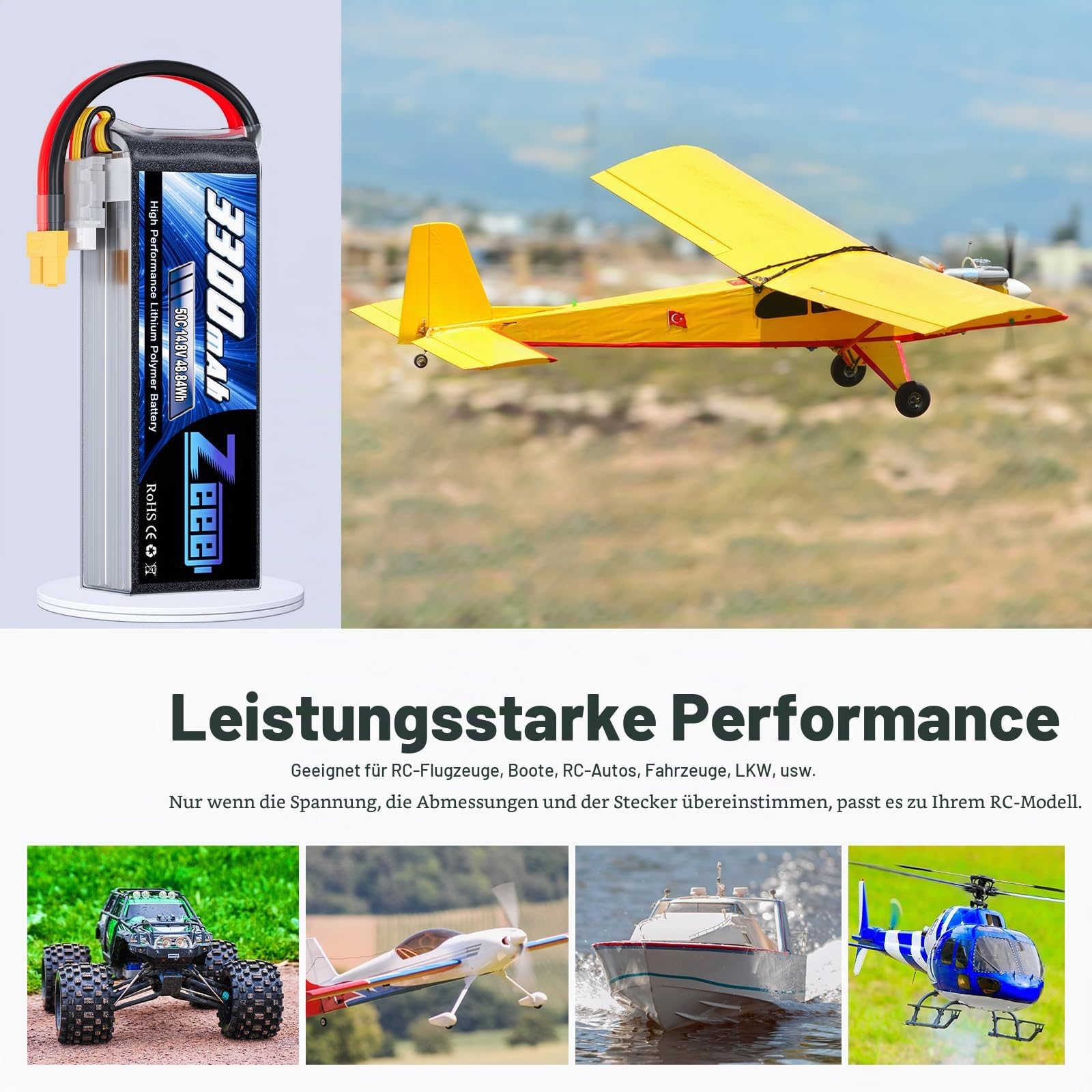 Zeee 4S Lipo Akku 14,8V 50C 3300mAh RC Batterie mit XT60 Stecker(2 STK) | RC Batterie für RC Auto Truck Flugzeug Heilikopter Boot RC Hobby