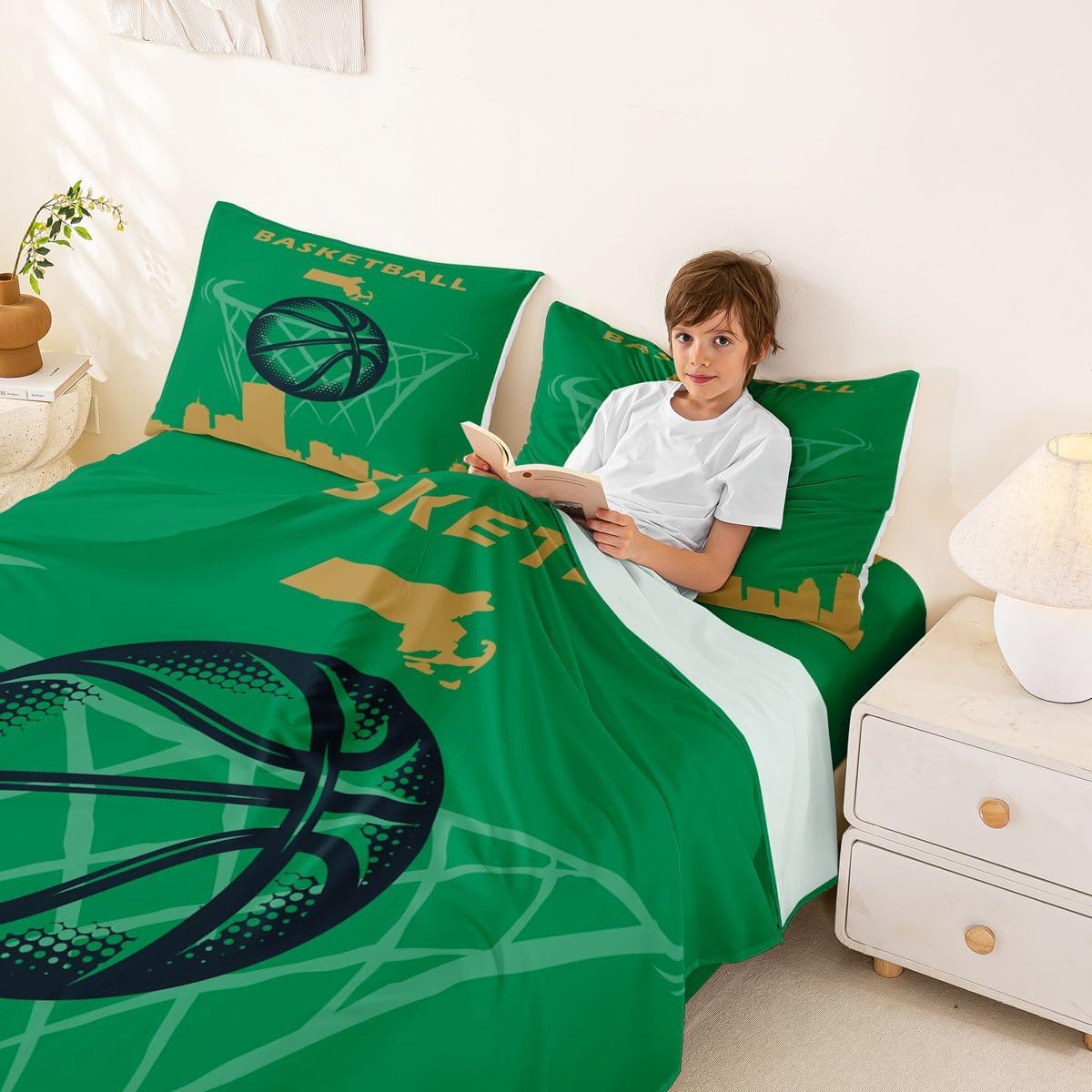 Erosebridal Full Basketball Bed Sheets Set for Teens,Basketball Sheet Set,Basketball Team Sheets for Gift,Sports Game Player Flat Fitted Sheet with 2 Pillowcases Soft,Boston - Image 4