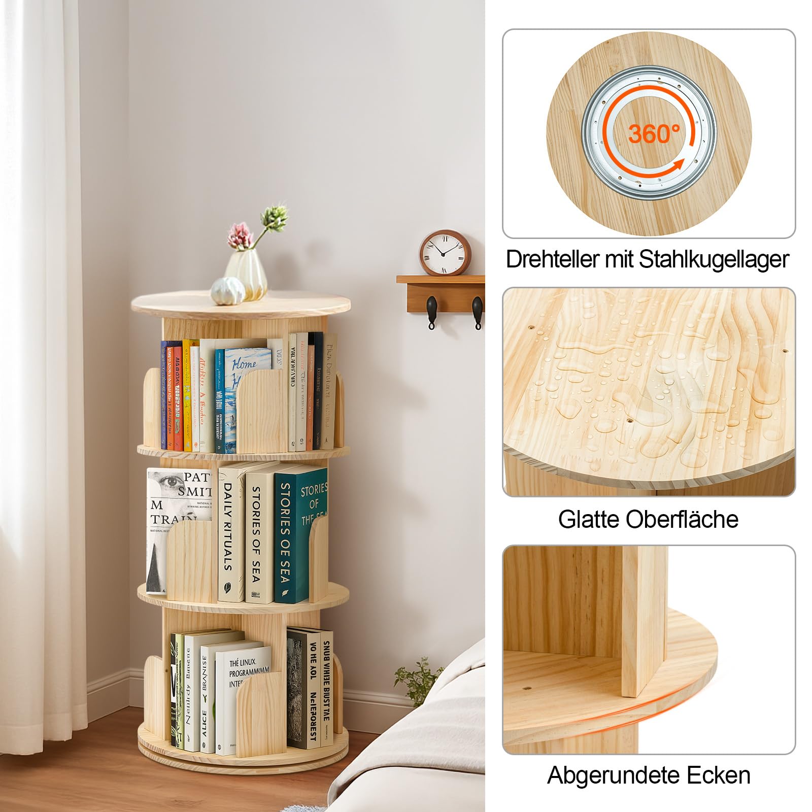 Youyijia 3-Stöckiges Drehbares Bücherregal 360° Frei Bücherregal Kinder Brehregal Düroregal Standregal Drehregal Büroregal Dekoregal für Wohnzimmer, Arbeitszimmer, Büro, als Raumteiler