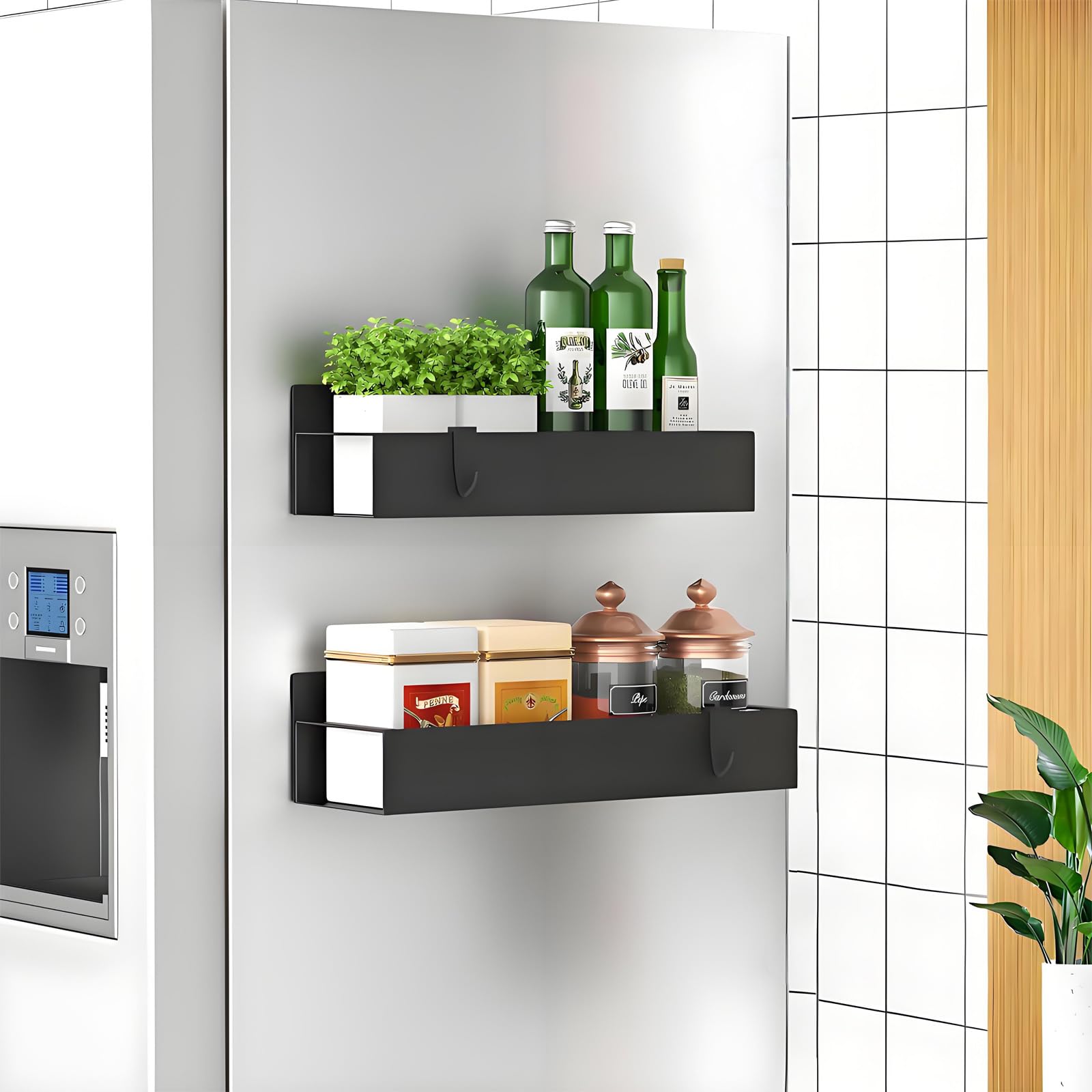 KedioPio Magnetic Spice Rack for Fridge 2 Pack Magnetic Shelf with 4 Hooks - Image 2