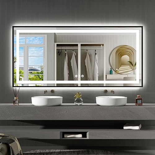 Miniatura 57 de Amorho Espejo de baño LED de 55 x 36 pulgadas, marco negro, luz frontal y retroiluminada, regulable continuamente, antivaho, a prueba de roturas,