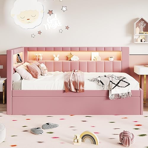 Miniatura 4 de DaiNNCN Cama de tamaño matrimonial con cajones de almacenamiento y estanterías en forma de L marco resistente de madera de pino maciza color gris