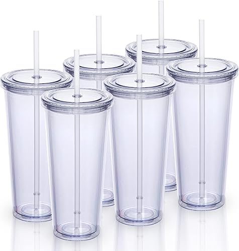 Vasos de plástico de doble pared de 24 onzas con tapas y pajillas, vaso clásico grande de viaje, paquete de 6 unidades, vasos transparentes