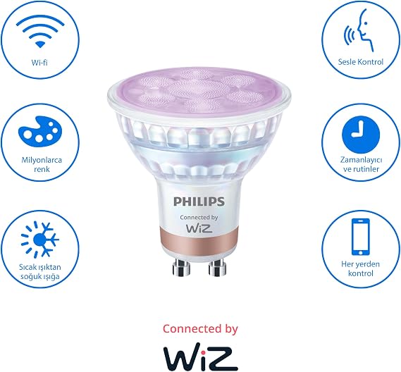 Philips Smart Lighting LED Spot Ampul GU10 Cam 50W Eşdeğer RGB - Google Home, Alexa, HomeKit ve Matter uyumlu [Enerji Sınıfı F]
