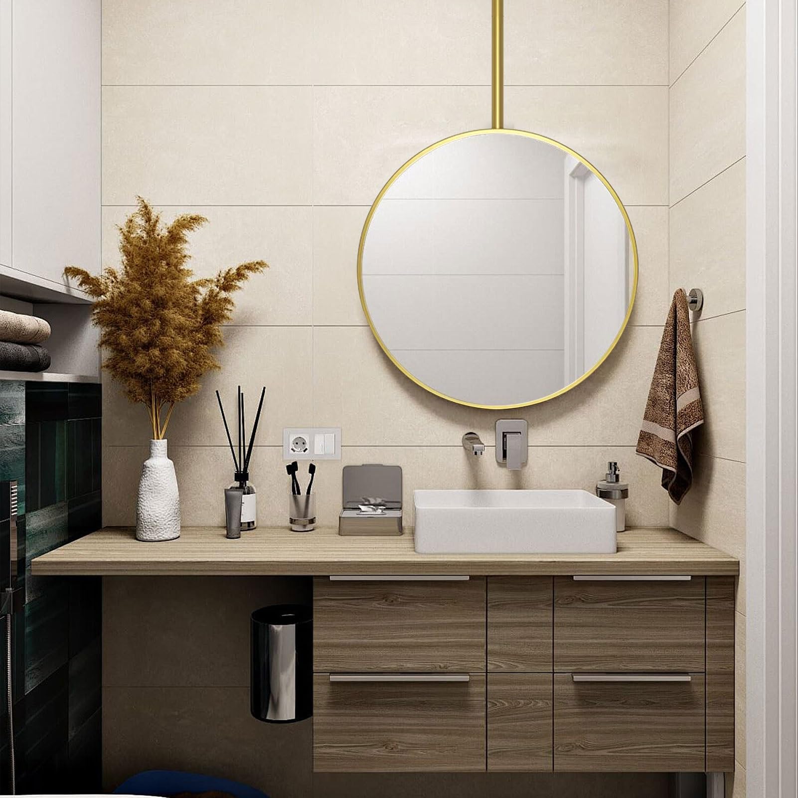 FGXHHS Round Wall Mirror 40cm 50cm Small Circle Gold for Bathroom, Farmhouse Home Metal Frame Living Room, Bedroom, Dorm, Entryway, Ceiling Mounted Mirrors(Diameter-50CM/19.7INCH)
