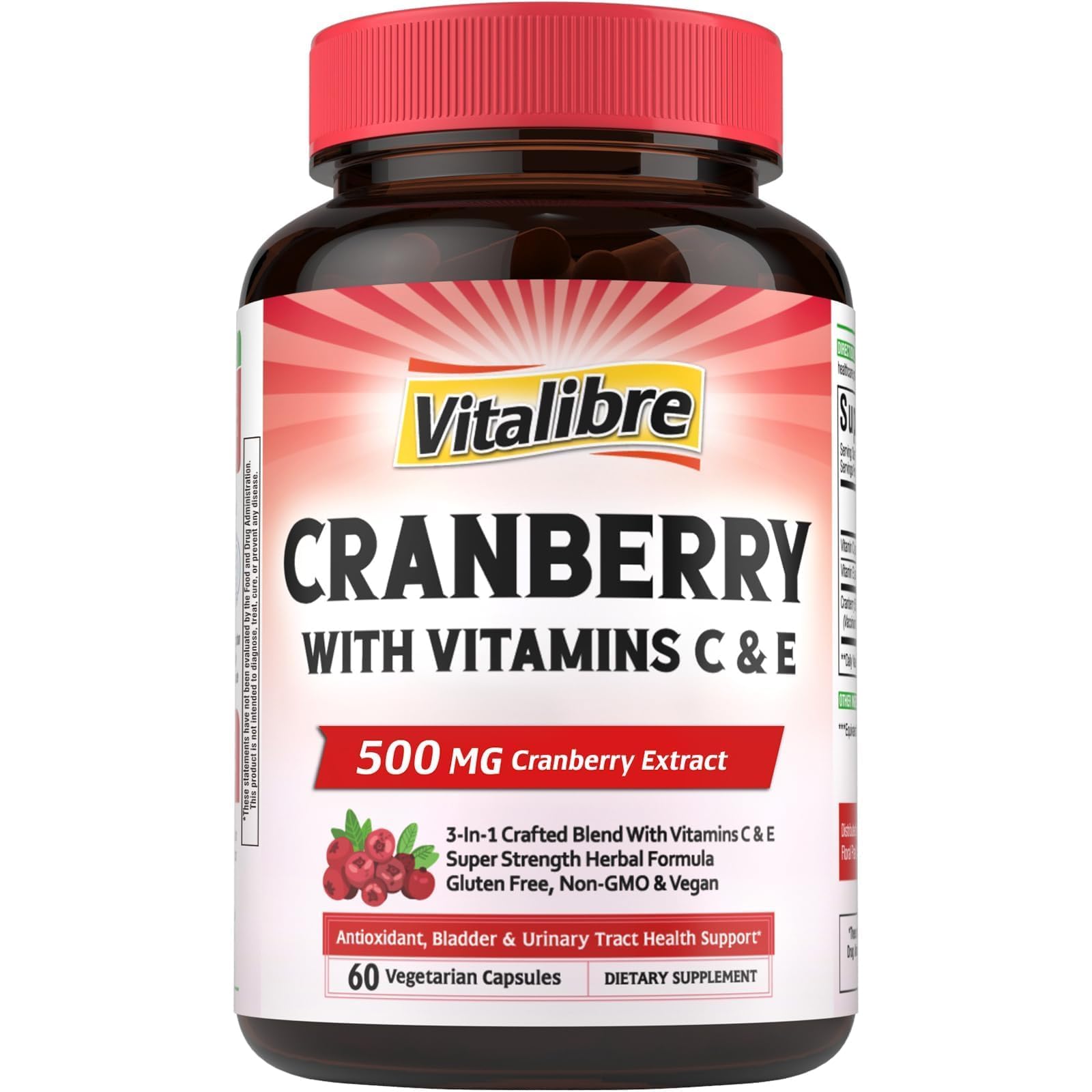 Vitalibre Cranberry Pills for Women with Vitamin C & E, Once Daily, Vegan, Urinary Tract Health & Kidney Cleanse, 60 Capsules 60 Count (Pack of 1)