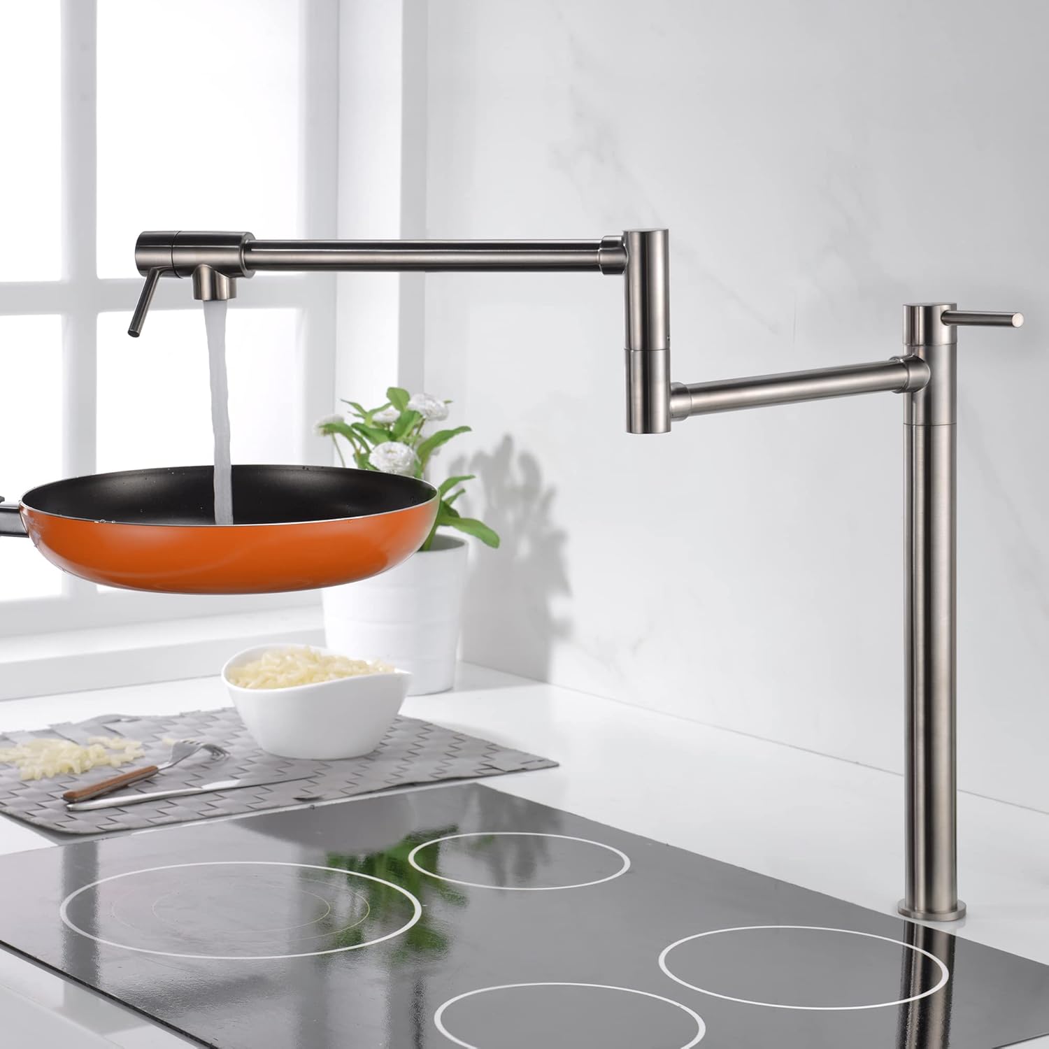 Deck Mount Pot Filler Faucet Brushed Nickel Finish with Extension Shank and 20" Dual Swing Joints Spout, SUMERAIN