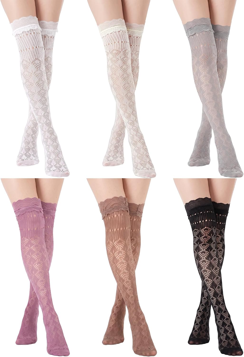Fourluoo 6 Pairs Lace Thigh High Socks with Trim