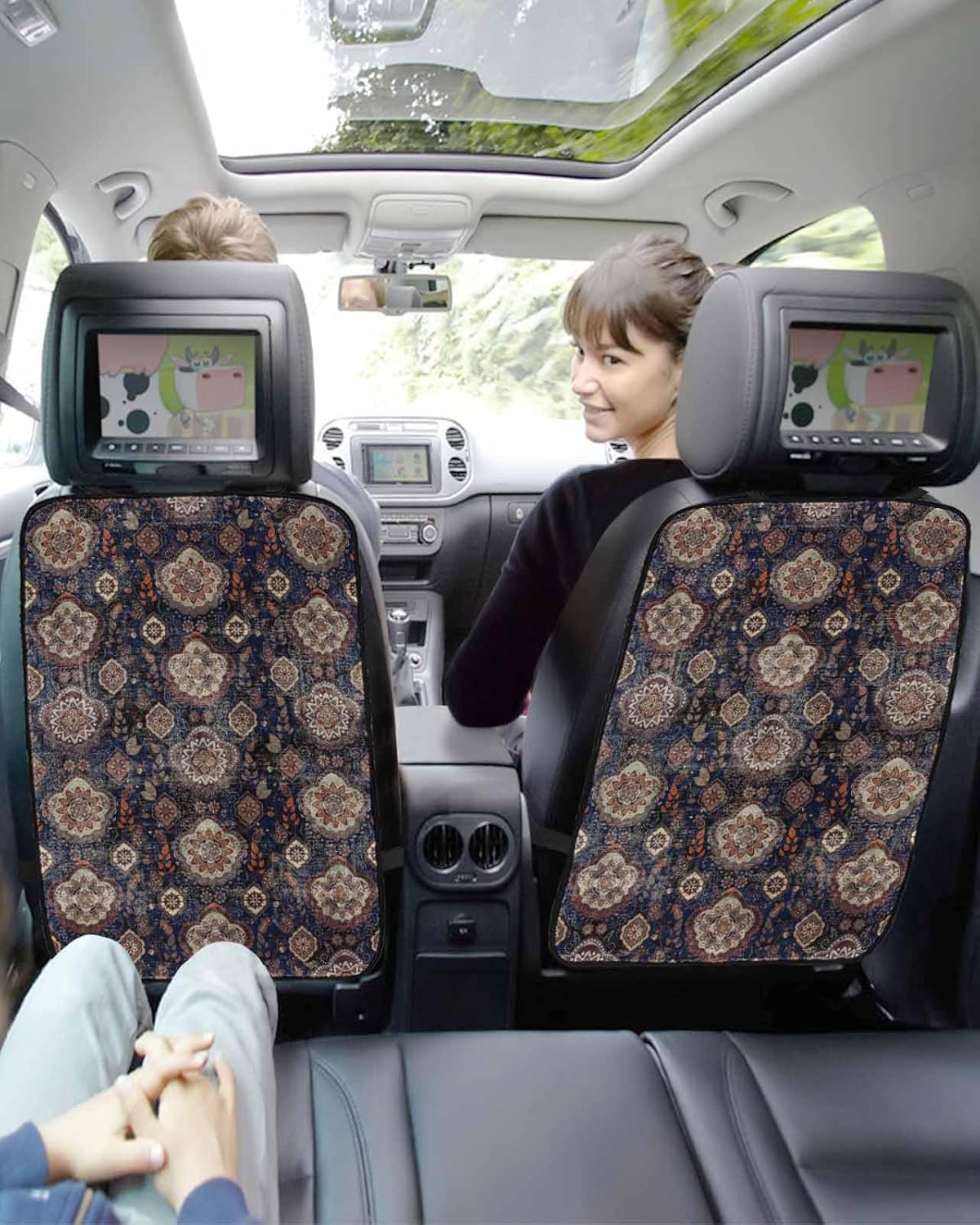 Car Seat Protector, 2 Pack Kick Mats Back Seat Protector Ethnic Tribal Turkish Retro Flower Abstract Geometric Waterproof Backseat Cover for Kids Universal Fit Automotive Interior Protectors