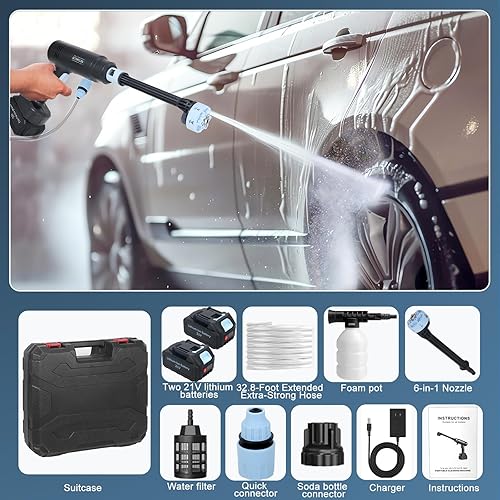 Miniatura 7 de Lavadora a presión inalámbrica a batería lavadora a presión a batería de 1200 PSI con 2 baterías de 1500 mAh y manguera de 32.8 ft y boquilla 6 en 1
