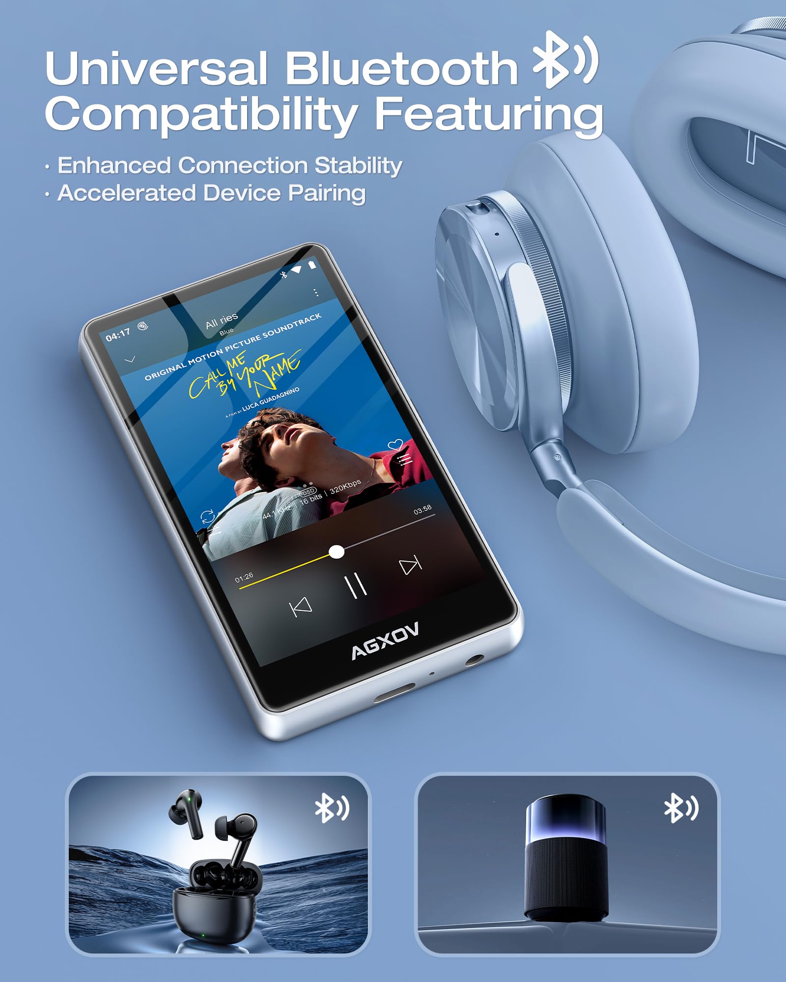 AGXOV 144 GB MP3 speler Spotify met bluetooth en wifi, 4,02 inch