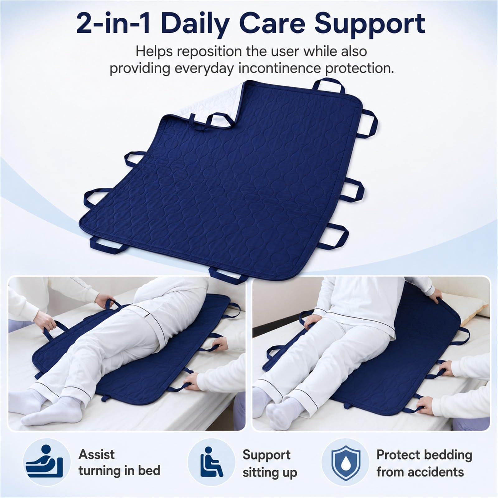Empapadores de Cama Lavables con 10 Asas Sábana de Transferencia de Pacientes Impermeable Almohadilla de Posicionamiento Reutilizable para Personas(5layers 8 handles blue grid90*150)