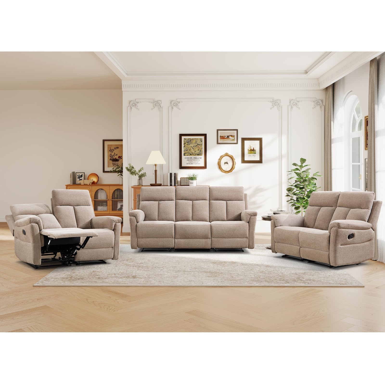 ANJ 3-Piece Manual Recliner Sofa Set, Two Reclining Loveseats and One 3 Seat Sofa with Overstuffed Backrest and Supportive Backrest, Fabric Reclining Couch Set for Living Room, Camel