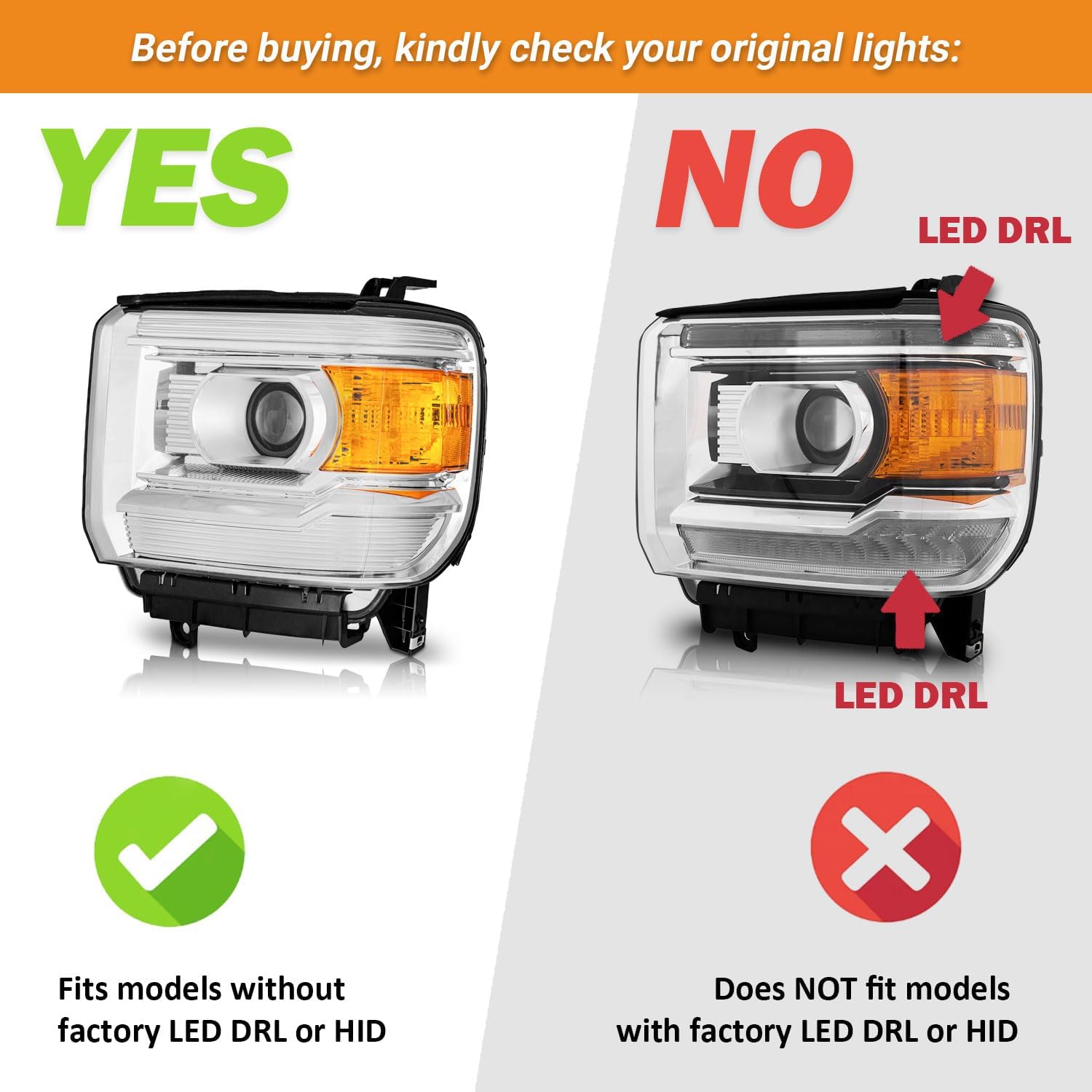 WEELMOTO Headlights Assembly for 2014-2018 GMC Sierra 1500 Base / 2015-2019 GMC Sierra 2500HD / 2015-2019 GMC Sierra 3500HD Replacement Pair Set Chrome Housing NOT for factory LED models