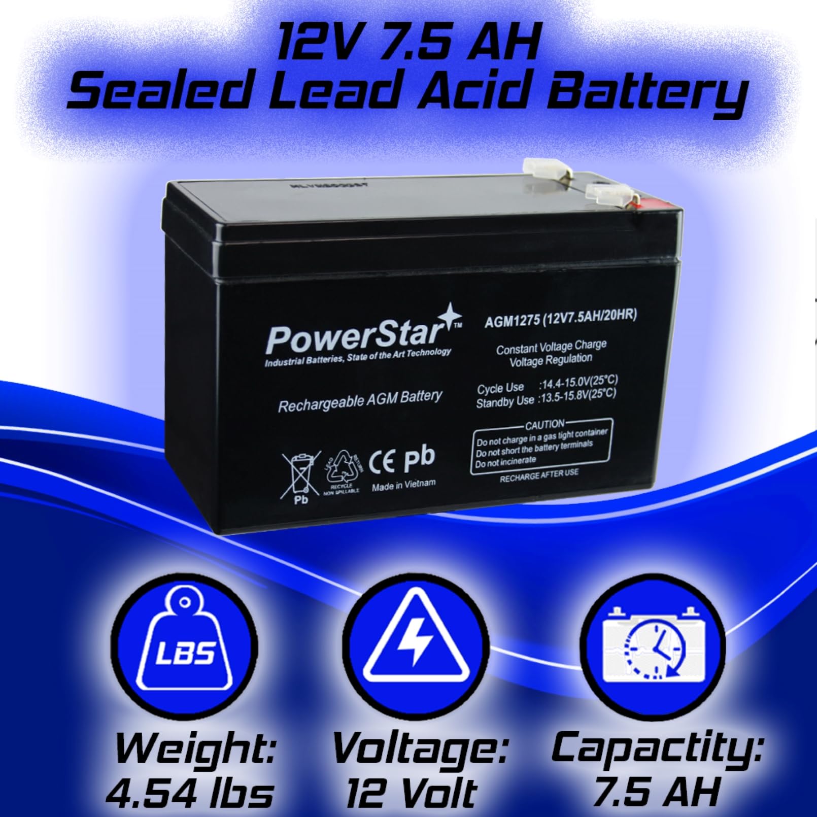 WKA12-7.5F Sealed Battery Replacement 12V 7.5ah Battery F2 with 2 Year replacement warranty